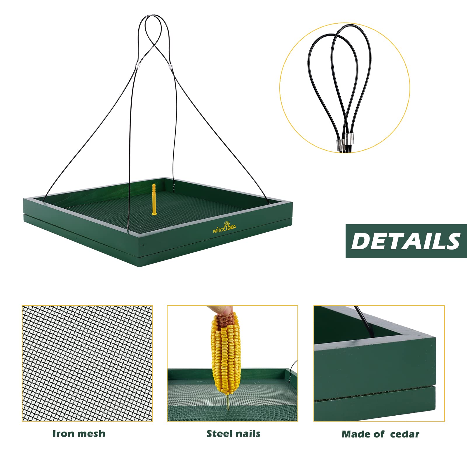 MIXXIDEA Comedero para ardillas, plataforma de madera, comedero de pájaros salvajes, plataforma de malla para decoración exterior de jardín (verde-1 unidad)