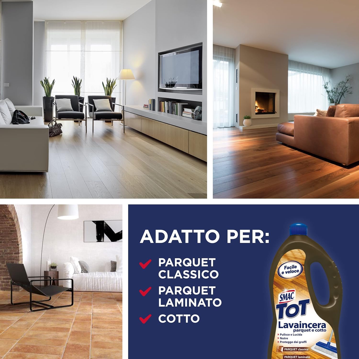 6 x Smac Lavaincera Parquet 1 L – Detergente per pavimenti in parquet con cura della cera, per la pulizia e la cura dei pavimenti in parquet, con portachiavi Italy Shop Service incluso