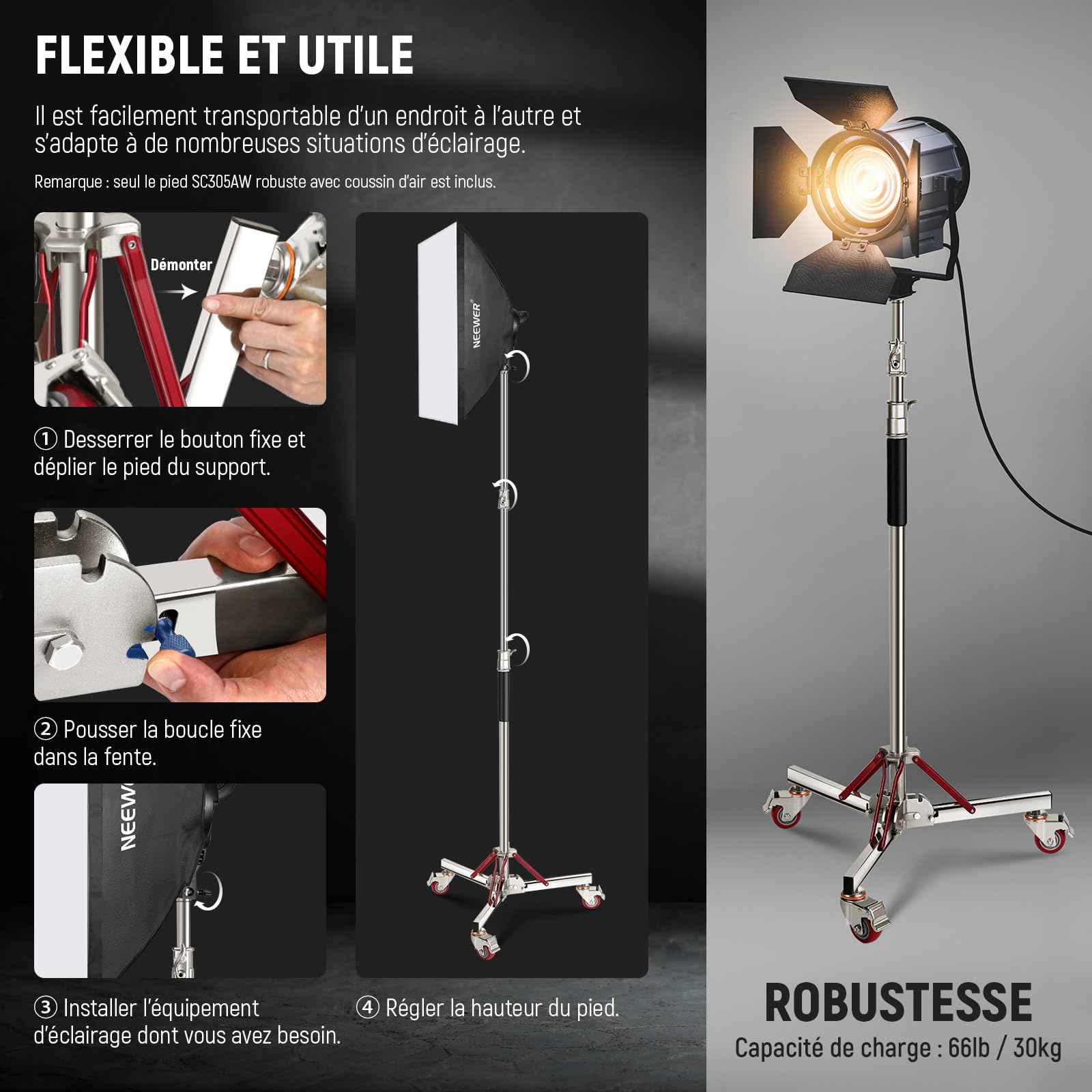 Neewer SC305AW Support d'éclairage Robuste à Coussin d'air avec roulettes, trépied réglable, Support à roulettes en Acier Inoxydable pour Flash de Studio, boîte à lumière, réflecteur monolight