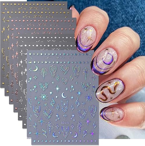 8 hojas de calcomanías de arte de uñas de luna y estrella 3D, autoadhesivas, metálicas, holográficas, láser, brillantina, diseño de uñas, estrellas,