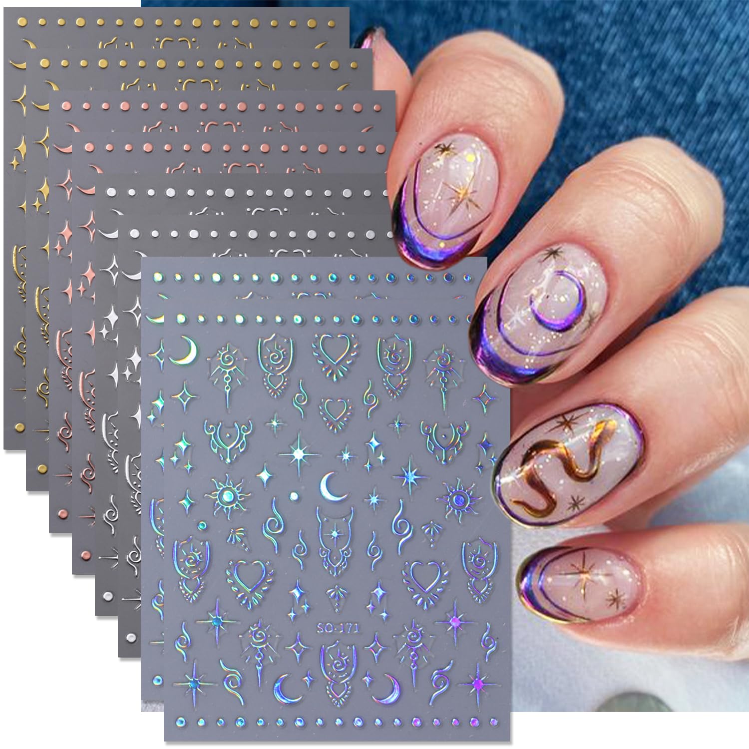 8Sheets Moon Star Nail Art Stickers 3D Self-Adhesive Metallic Sun Nail Decals Holographic Laser Glitter Nail Art Design Stars Sun Silver Nail Stickers