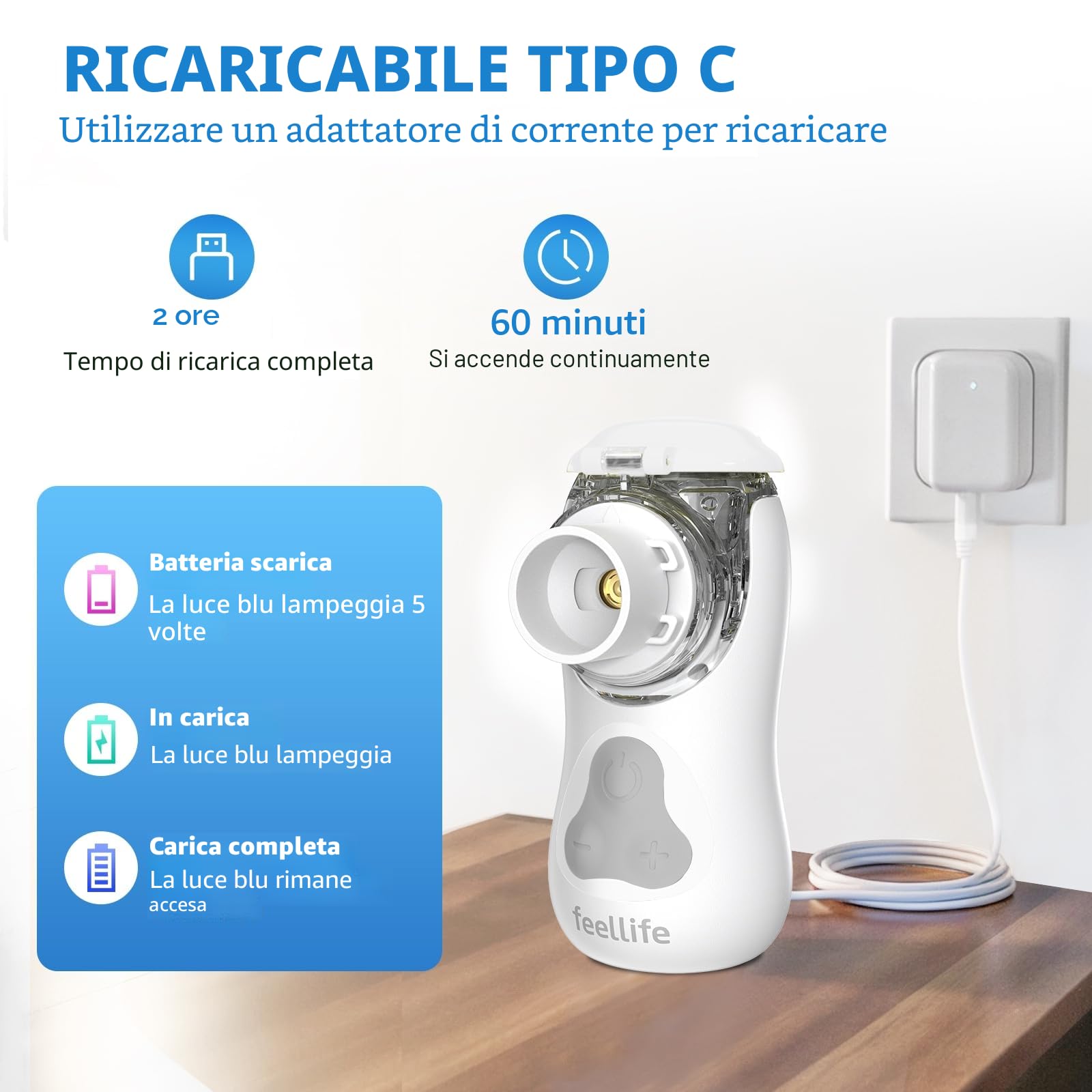 FEELLIFE Aerosol Portatile Silenzioso 3 Modalità Nebulizzazione Regolabili, Ricaricabile Aerosol per Bambini e Adulti con 2 Maschere e Boccaglio, Aerosol Portatile per Viaggi e Uso Domestico-Blu