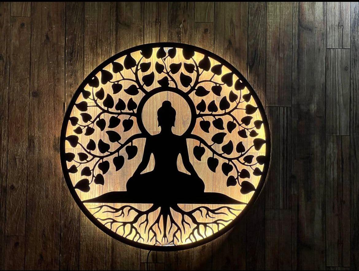 M.K Handicraft Buddha Metal Wall Art 3D Wall Art 24 IN Wall Hanging with Led Backlight Decorative Showpiece - 60 cm (Iron,Black) for Living Room, Bedroom, Dining Room 2
