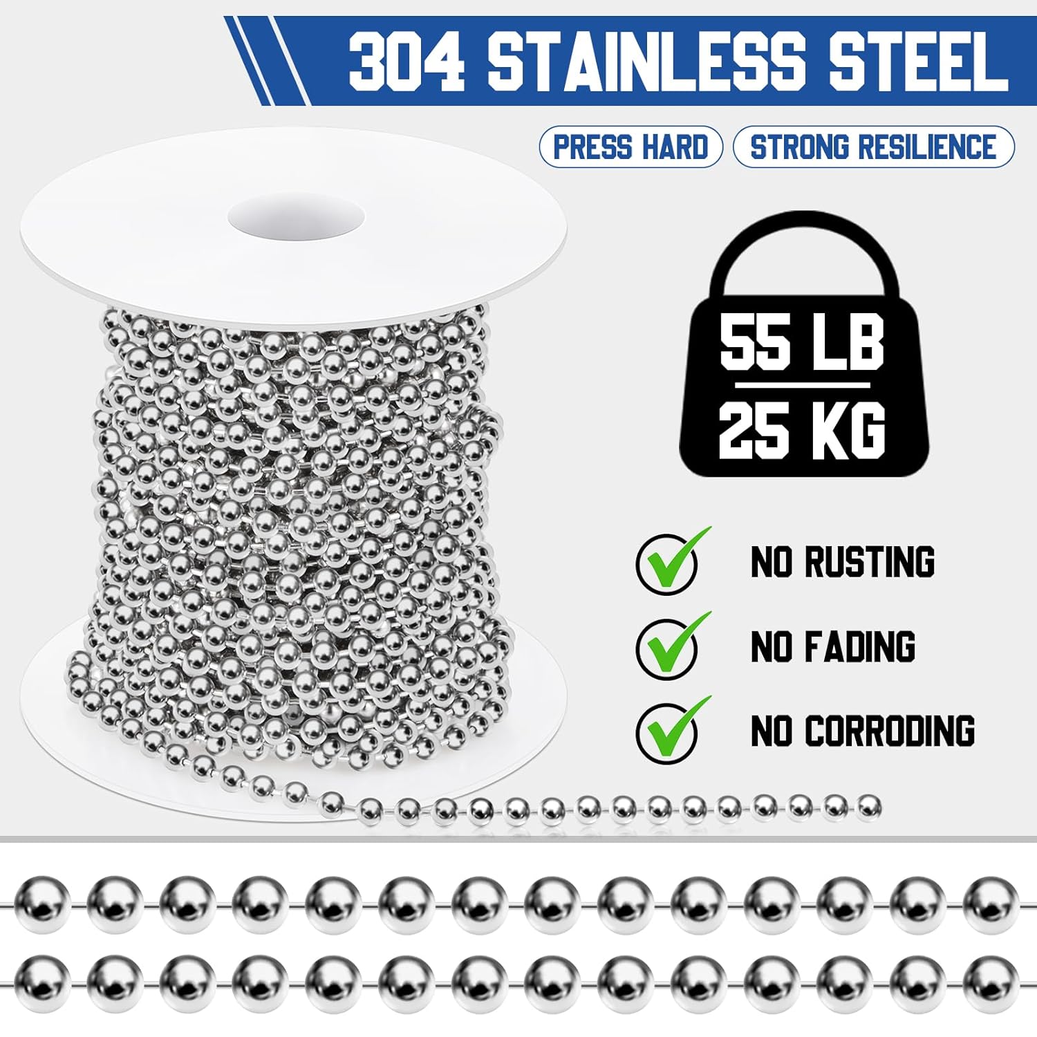 50ft 4.5mm Ball Beaded Chain with 50 Connectors for Roller Shade &Vertical Window Blinds, Dog Tag Chain, Jewelry Making/Crafts & DIY Projects(Silver) - Image 3