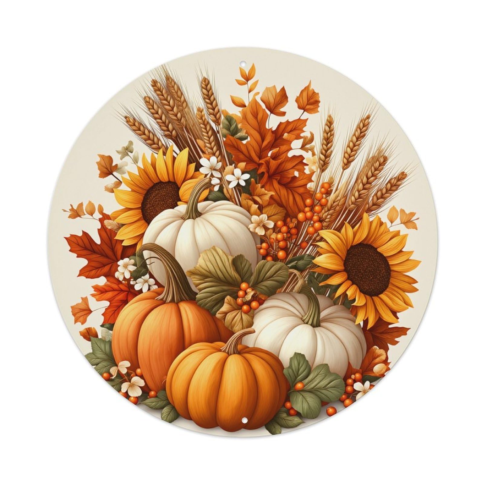 Autumn Harvest Pumpkin Sunflower Wheat Round Tin Sign Vintage Metal Poster, Home Bar Garage Man Cave Cafe Indoor & Outdoor Wall Decoration 8x8Inches
