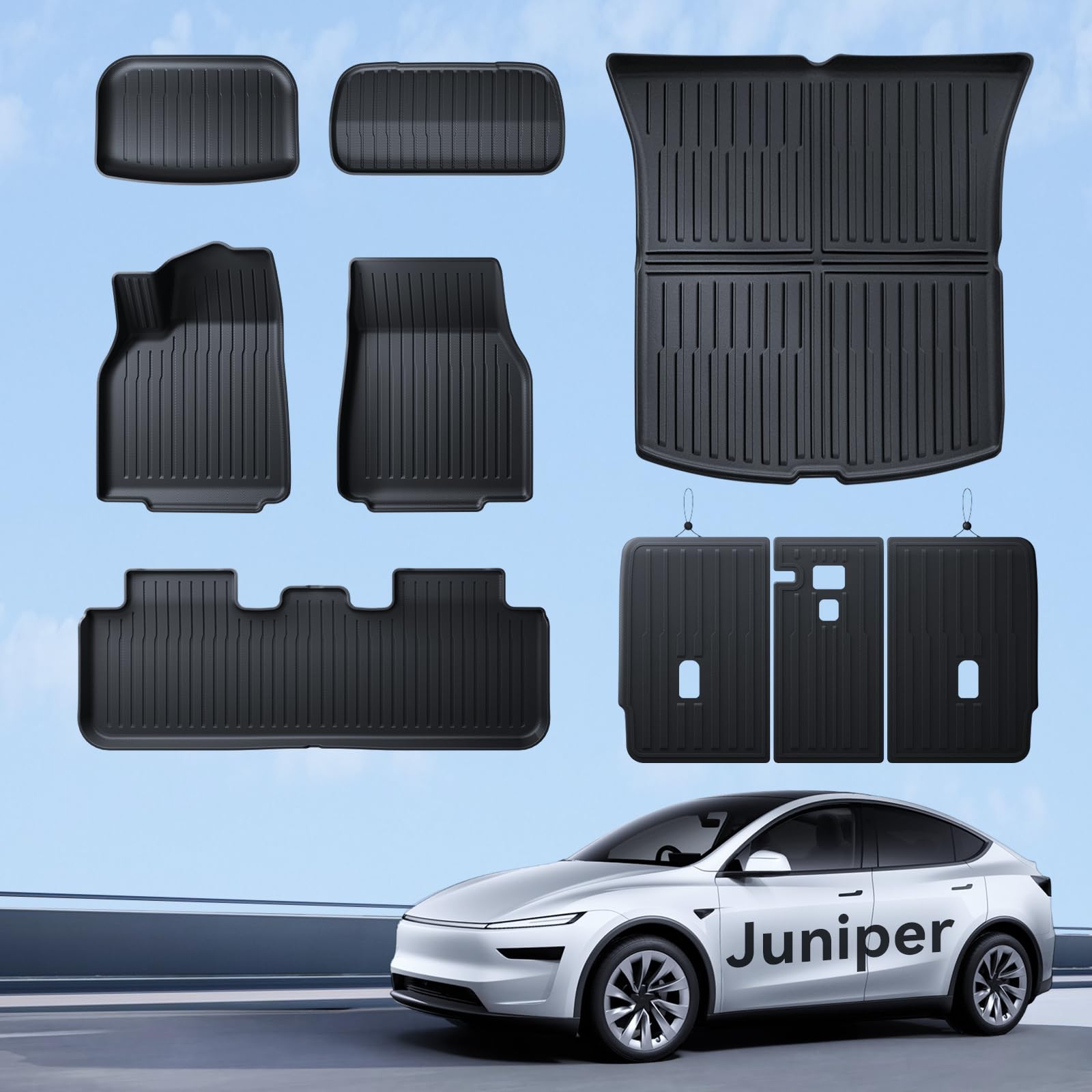 Tappetini 9 Pezzi per Tesla Model Y 2025-2026 Premium/Performance TPE per Tutte le Stagioni 3D con Alto Bordo Antiscivolo Impermeabile Tappetino per Bagagliaio e Poggiatesta