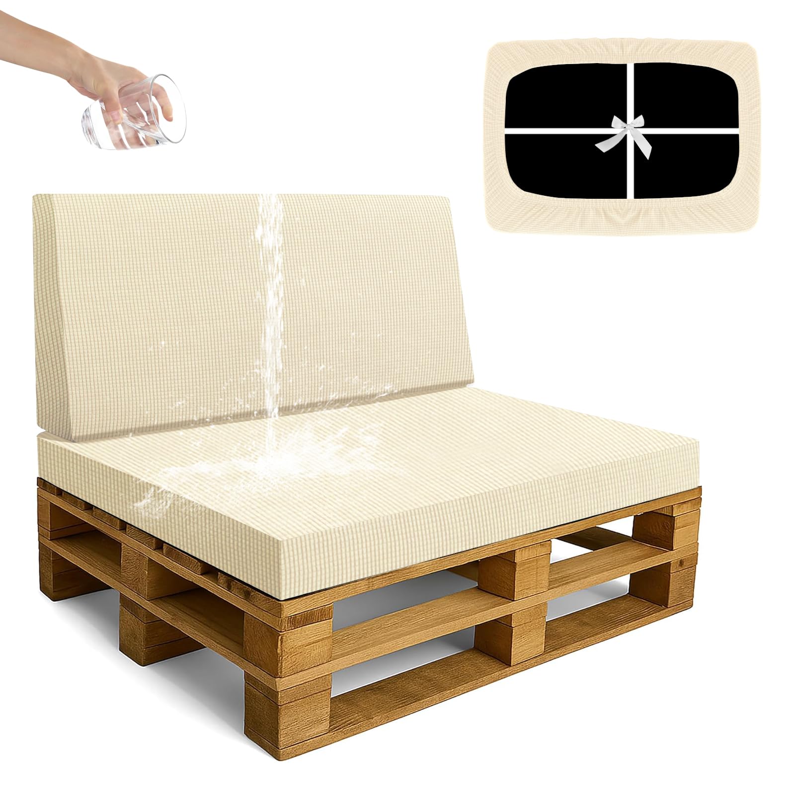 SYLC Waterproof Pallet Cushions Covers, Stretch Cover for Pallet Furniture Cushions with 4 Ties, Outdoor Corner Sofa Covers for Rattan Patio Garden Caravan (Beige,2 PCS(1 Seat+1 Back))