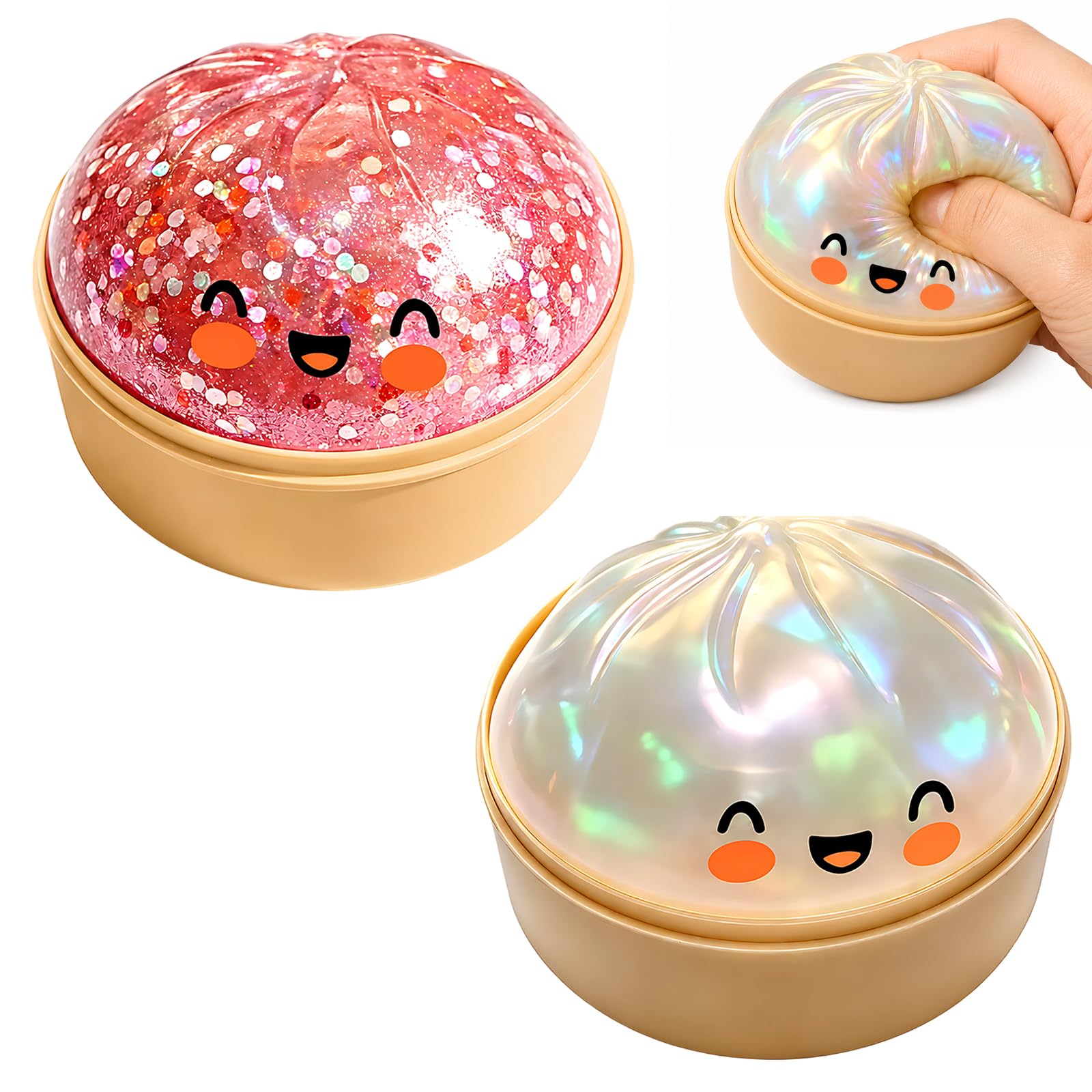 2Pcs Dumpling Squishy, Glitter Sensory Squeeze for Stress Relief, Soft Glitter Dumplings for Anxiety Relief & Decompression, Translucent Pink & Pearl White Combination