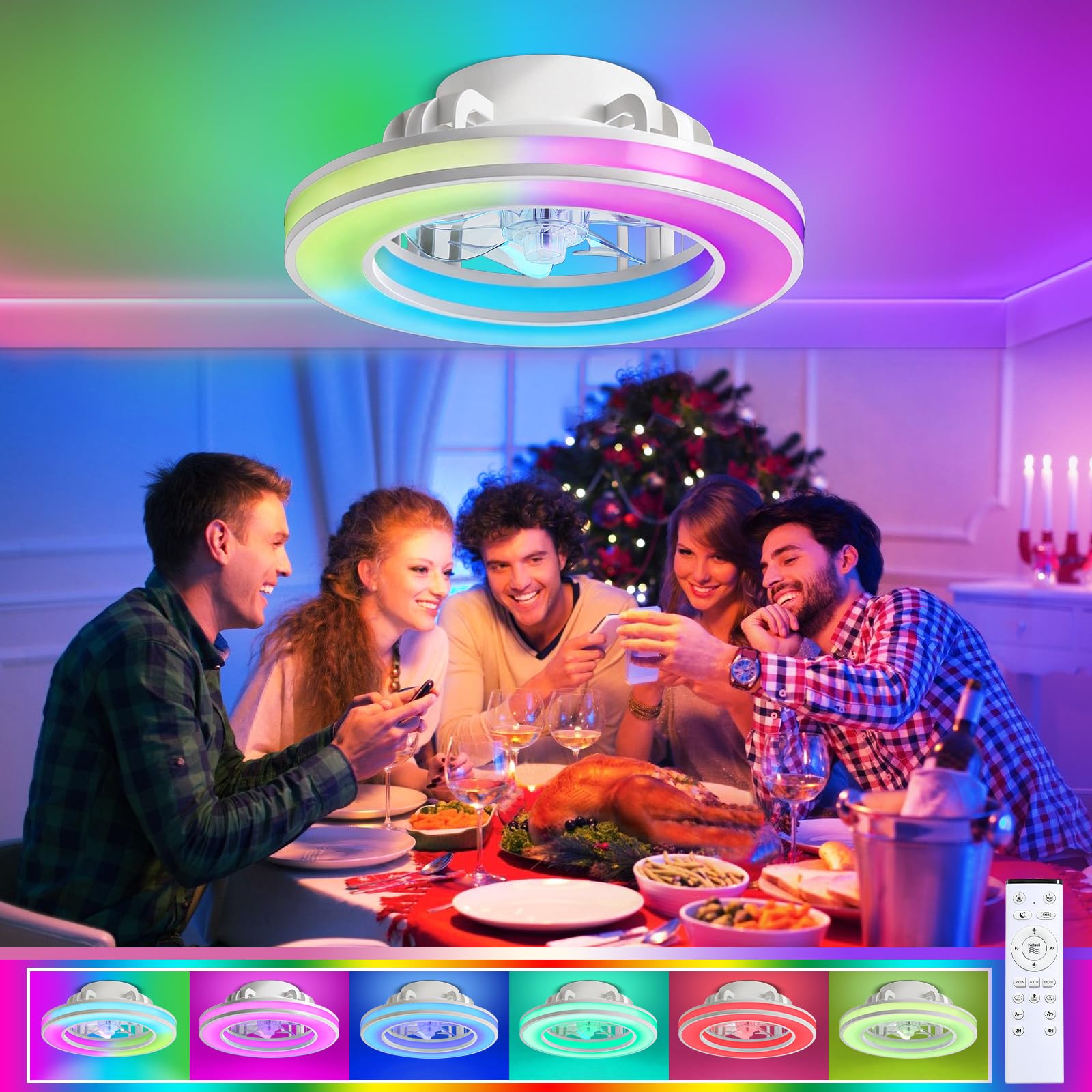 Ventilatore da Soffitto RGB Dimmerabile a LED | Bambino Cameretta Lampadario Ventilatore Reversibile con Telecomando, 6 Velocità Lampadario Per Camera Da Letto-White