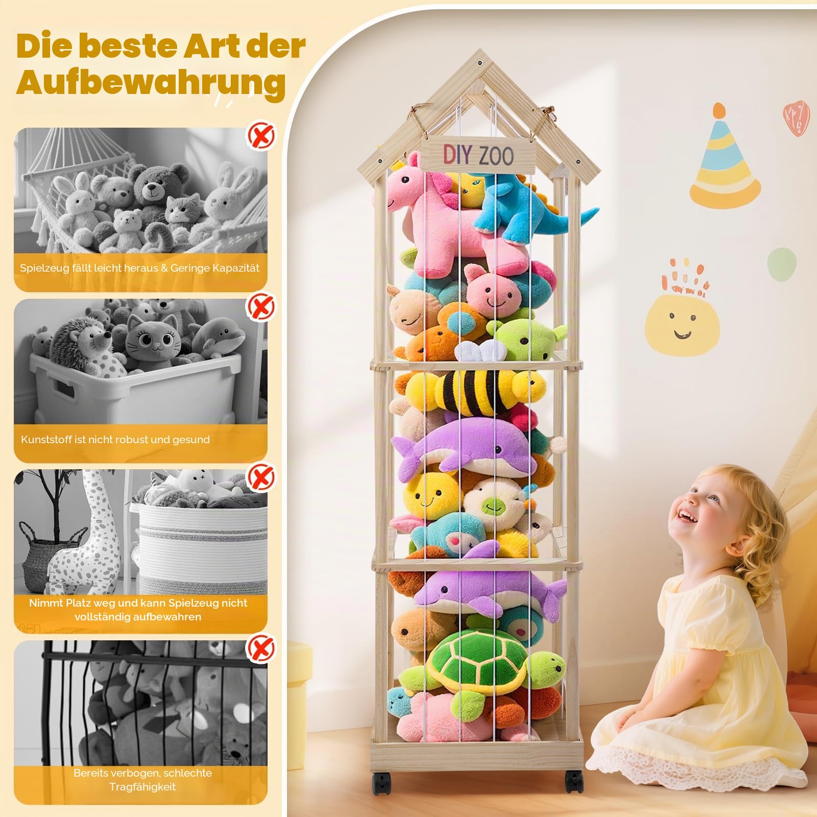 Kuscheltier Aufbewahrung 146x47x35CM, MINENICE Plüschtier Aufbewahrung aus Massivholz mit 360° Feststellbaren Lenkrollen für Babyzimmer, Wohnzimmer, Schlafzimmer, Kinderzimmermöbel