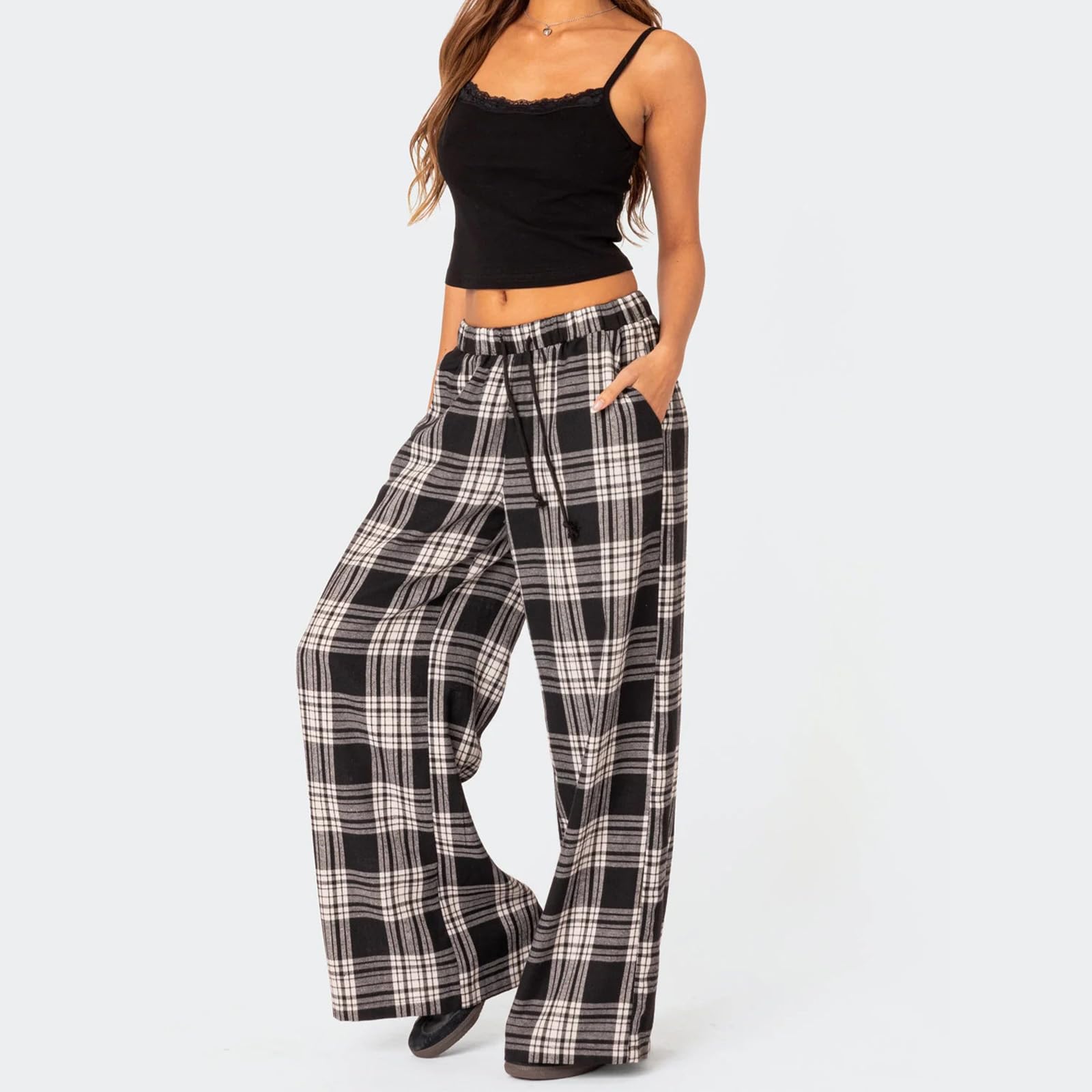 Sexy Outfit Pantalon de Salon à Jambes Larges pour Femmes, Confortable, Taille élastique, Baggy, à Carreaux, Palazzo, Ample, Cordon de Serrage, avec Poche