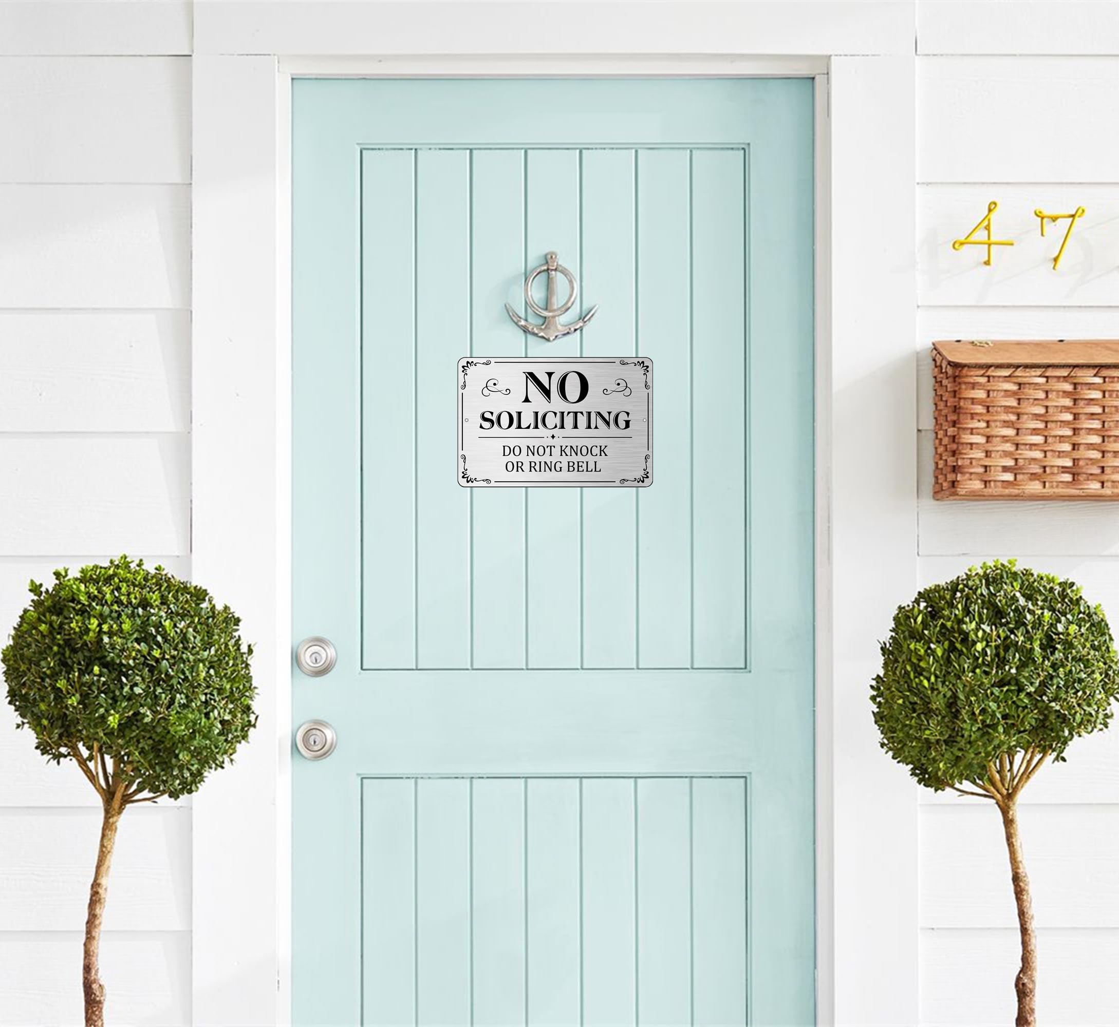 Letrero de no solicitar para puerta delantera, 2 unidades, letrero autoadhesivo de no solicitar para casa, 6 x 4 pulgadas, letreros de metal de aluminio para patio (plateado cepillado/negro, mediano 6