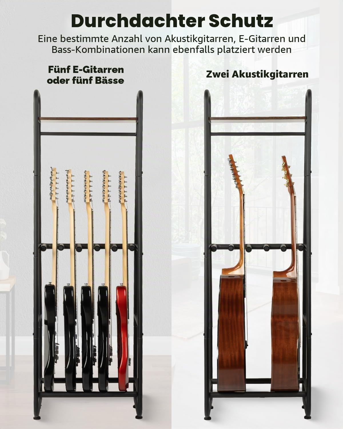 STRICH Gitarrenständer, mehrere Gitarrenständer für Akustik-, E-Gitarre, Bass, Gitarren-Display-Halter mit oberem Aufbewahrungsregal für Gitarrenverstärker-Zubehör, für Heimmusik-Studio-Bandbühne (SMT