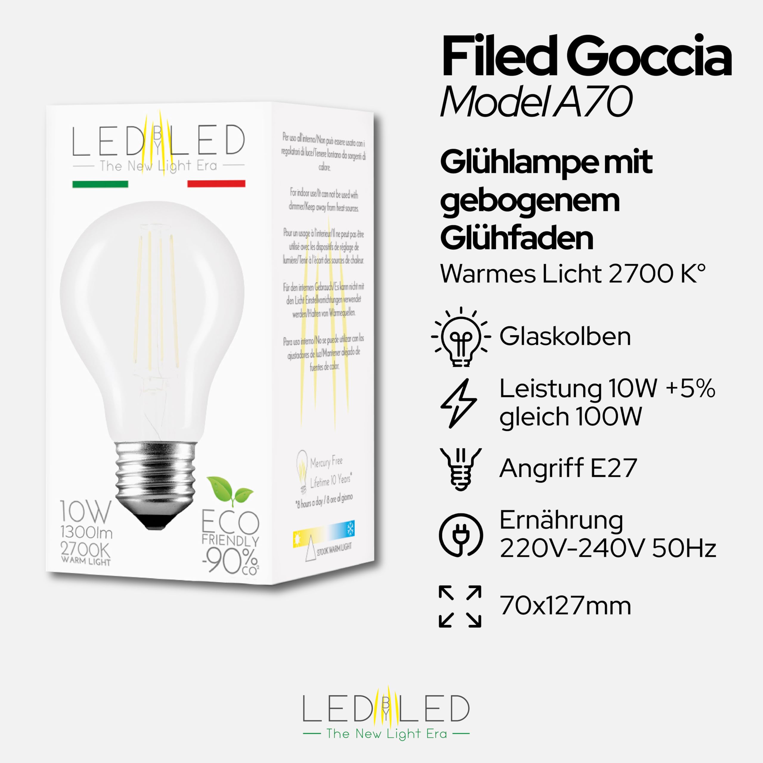 Tropfenförmige Glühbirne 10 W entspricht 100 W, E27, mattiertes Glas, 2700 K warmes Licht, gerader LED-Glühfaden, 1300 Lumen, 10er-Pack