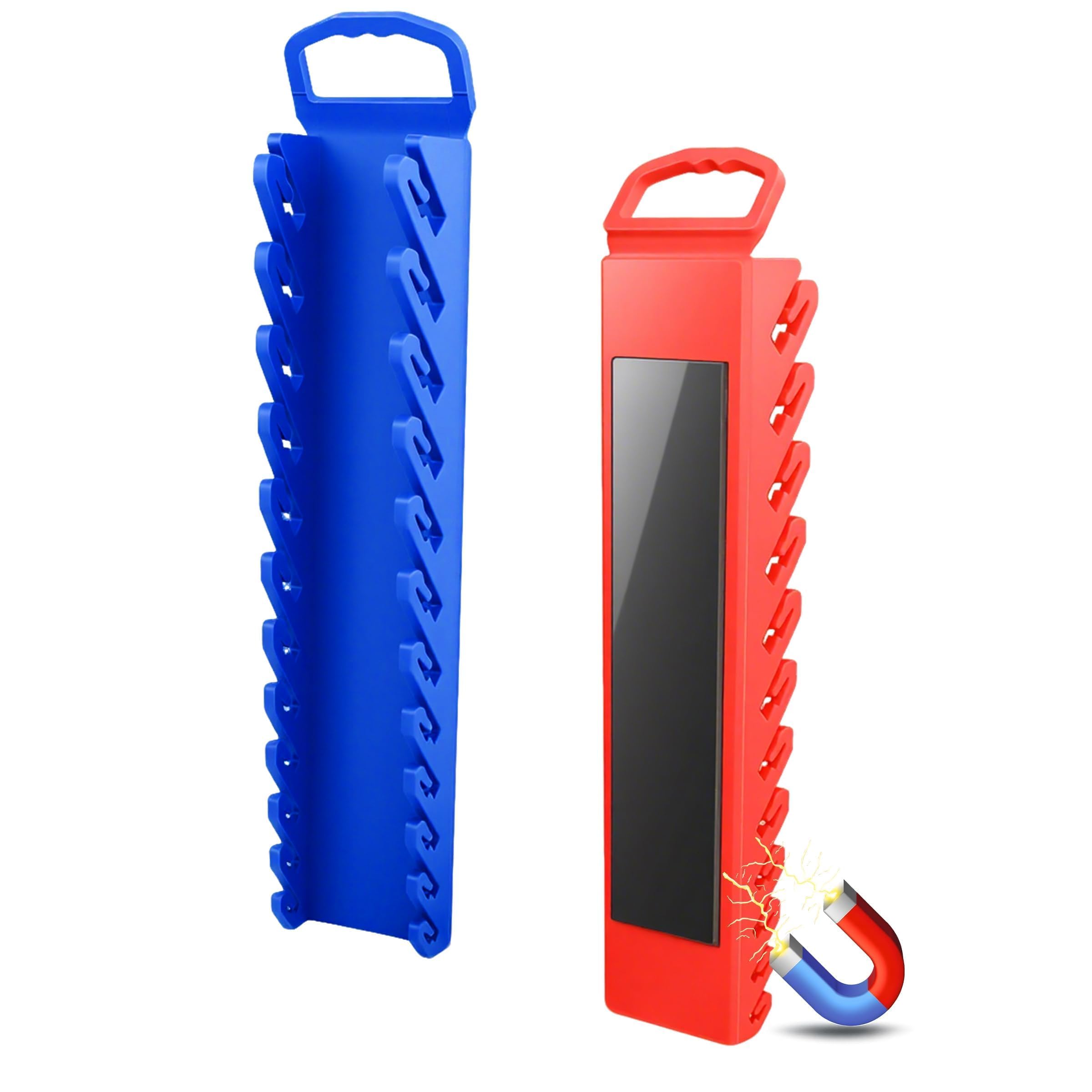 ZHABAYEN 2-Pack Magnetic Wrench Organizer, Total Hold 24 Slots Wrenches Rack Tool Trays, SAE (1/4'' to 15/16''), Metric (6mm to 24mm), Red/Blue Wrench Holder Set for Tool Box Drawer