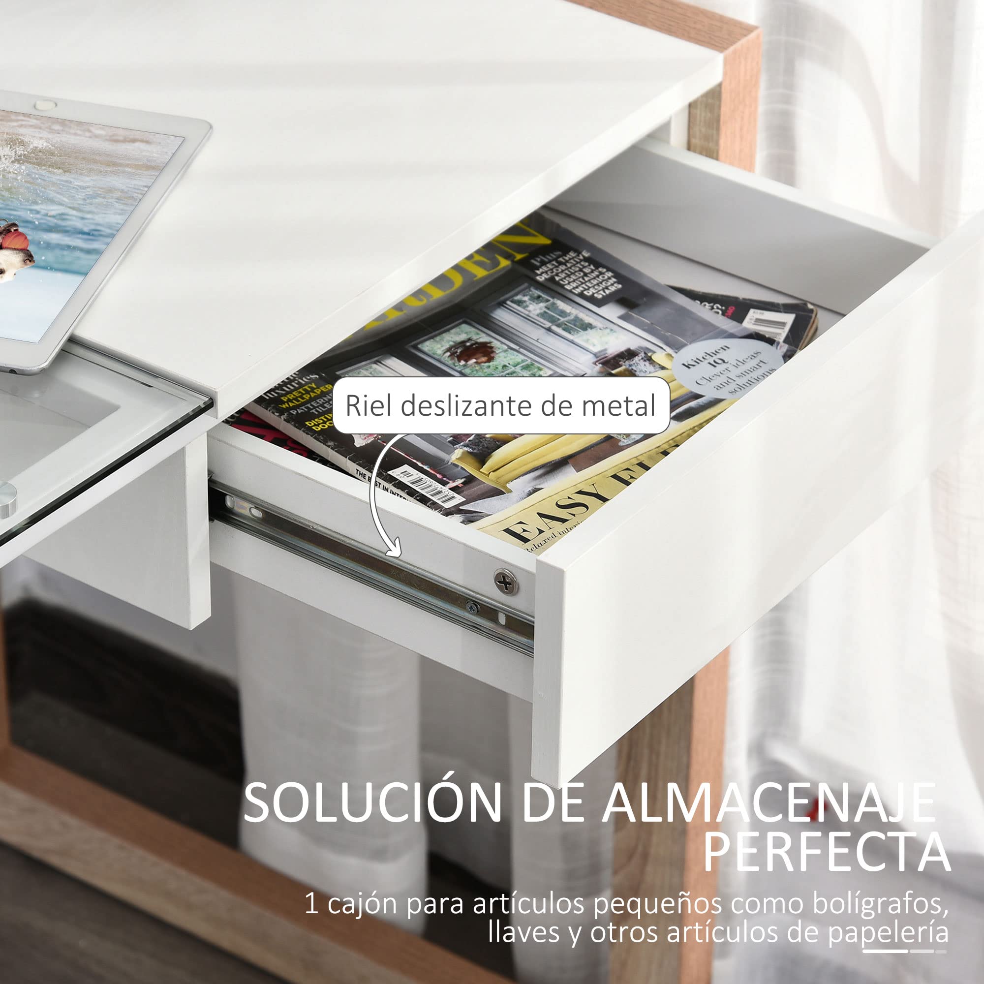 HOMCOM Mesa de Ordenador Diseño Moderno Cajón Oficina 120x60x75 cm Blanco | Mesa de Escritorio, Tablero de Vidrio Templado, Combinación de Estilos, Estudio