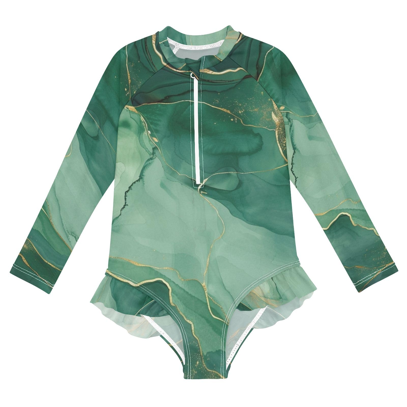 ALAZA Swimsuit for Girls Long Sleeve Rashguard Bathing Suit Marble Green Gold Quick Dry 4T