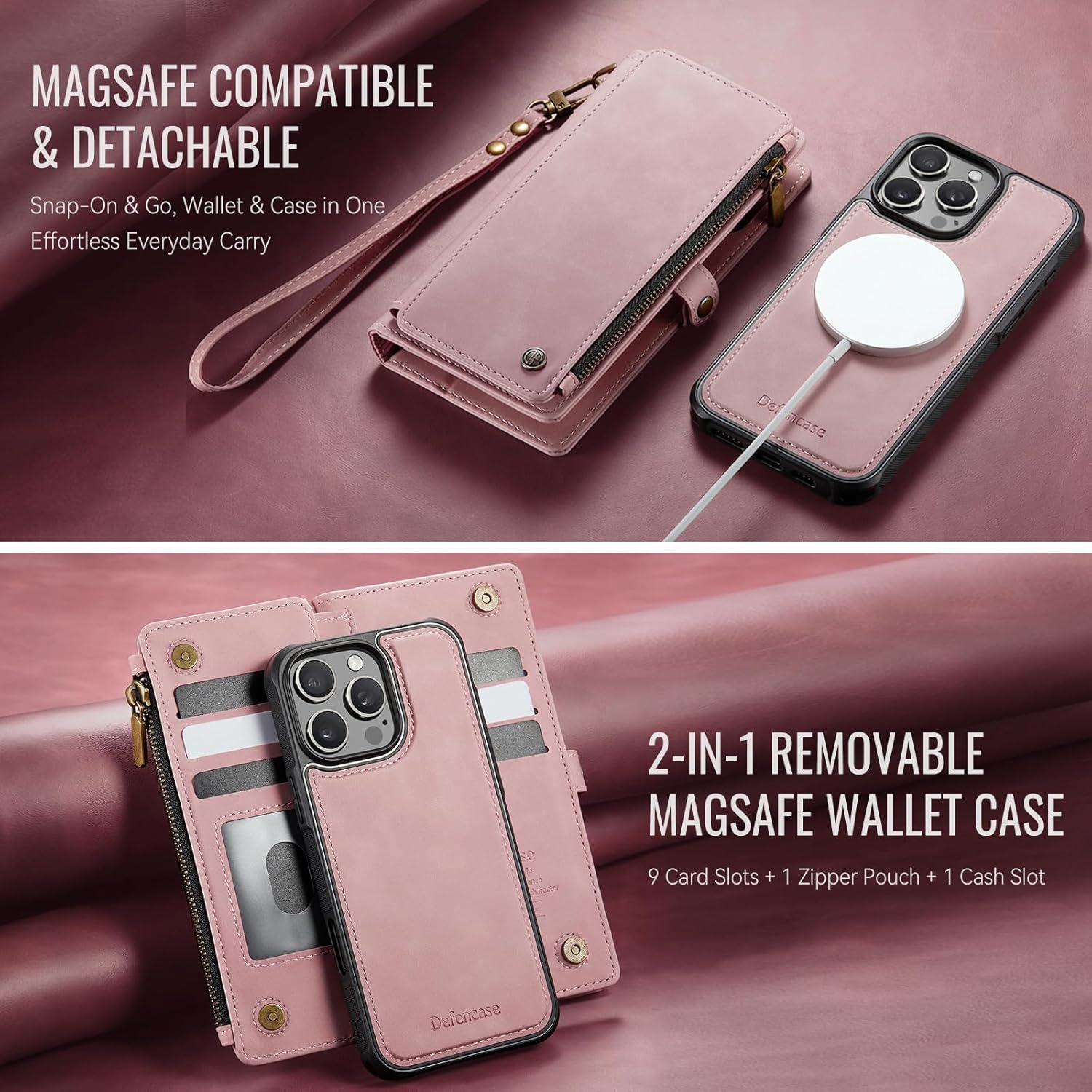 Defencase for iPhone 16 Pro Max Magnetic Wallet Case Compatible with Magsafe with RFID Blocking Zipper Strap Card Holder for Women PU Leather Detachable Case for iPhone 16 Pro Max (6.9"), Rose Pink - Image 9