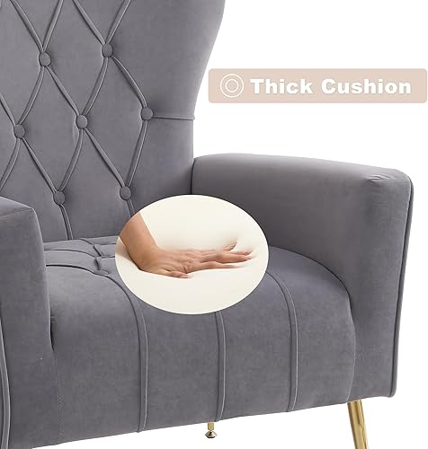 Miniatura 5 de Silla decorativa de terciopelo con otomana, silla tapizada con respaldo de ala, sillas decorativas modernas con patas de metal dorado para