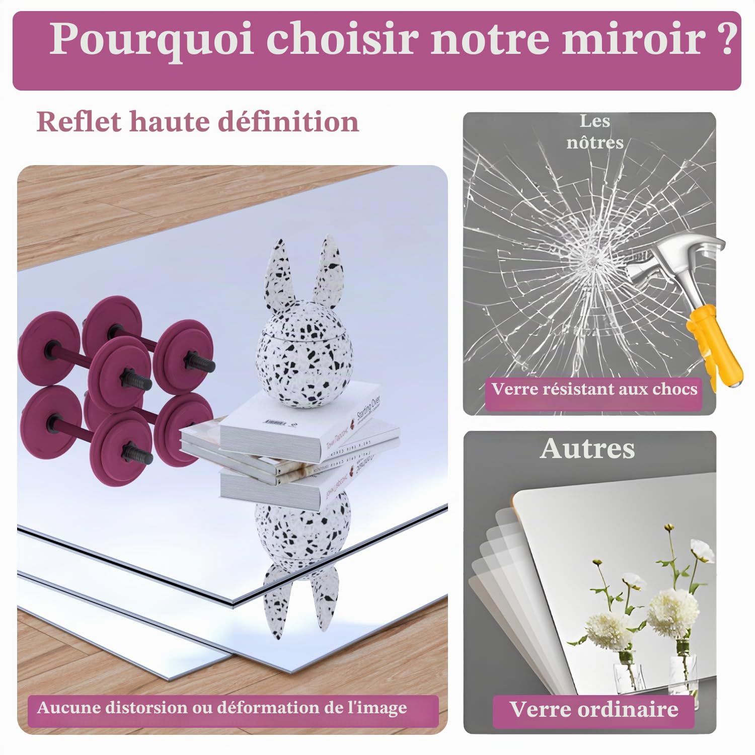 Lot de 3 miroirs de gymnastique pour la maison, 143,5 x 60 cm, en verre trempé, sans cadre, grand miroir de yoga, danse murale, adapté pour la gym, le yoga, le studio, le salon