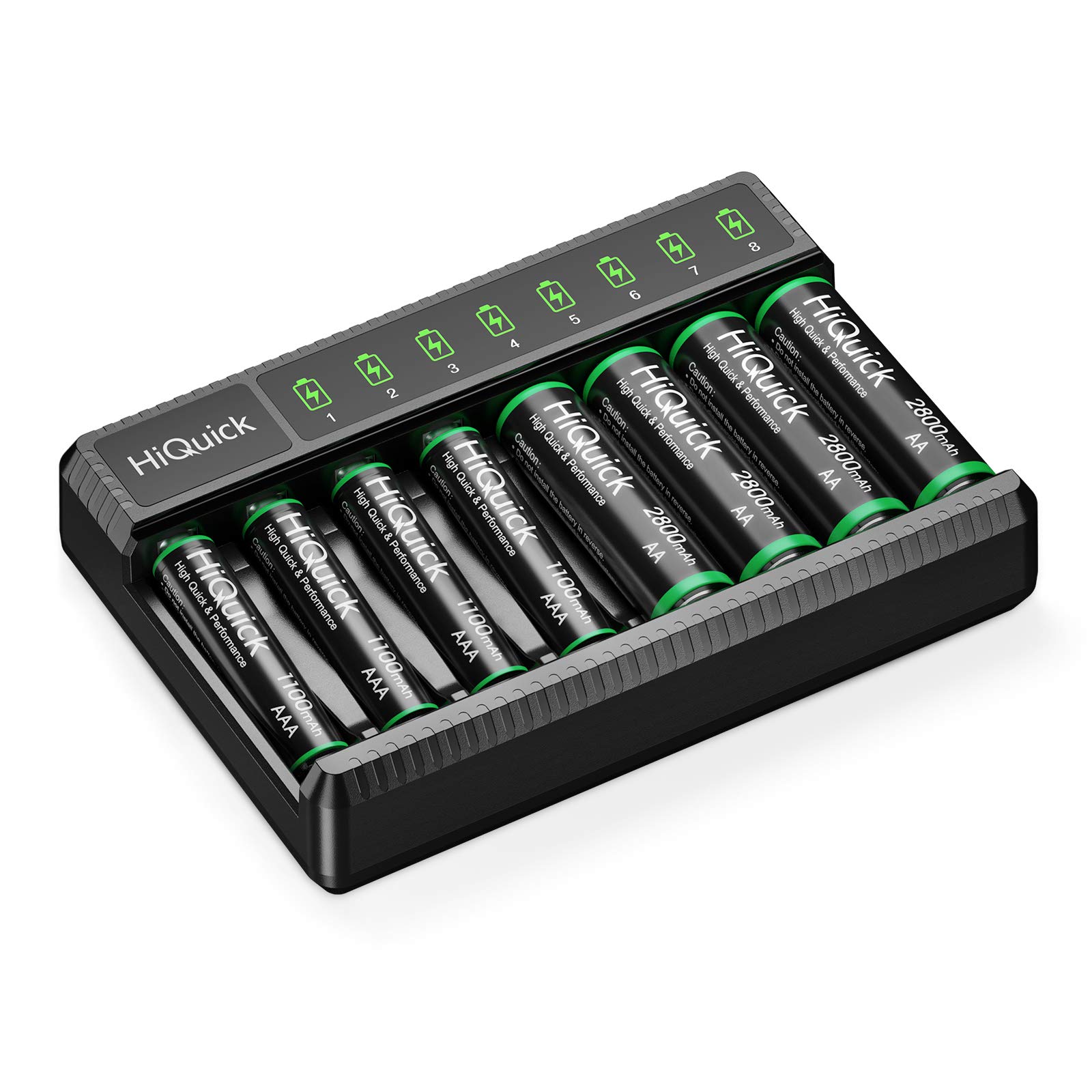 HiQuick Akku Ladegerät mit 4 AA und 4 AAA Akkus, AA AAA Batterien Ladegerat, für NI-MH NI-CD Akku, 8-Ladeplatz mit LED Anzeige ladegerat
