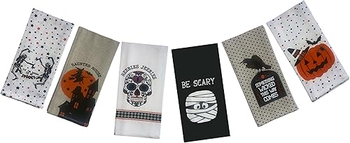 Juego de 6, toallas de cocina 100% algodón para Halloween, casa encantada, Heebies Jeebies, Something Wicked This Way Comes Size: 15 "x 25".