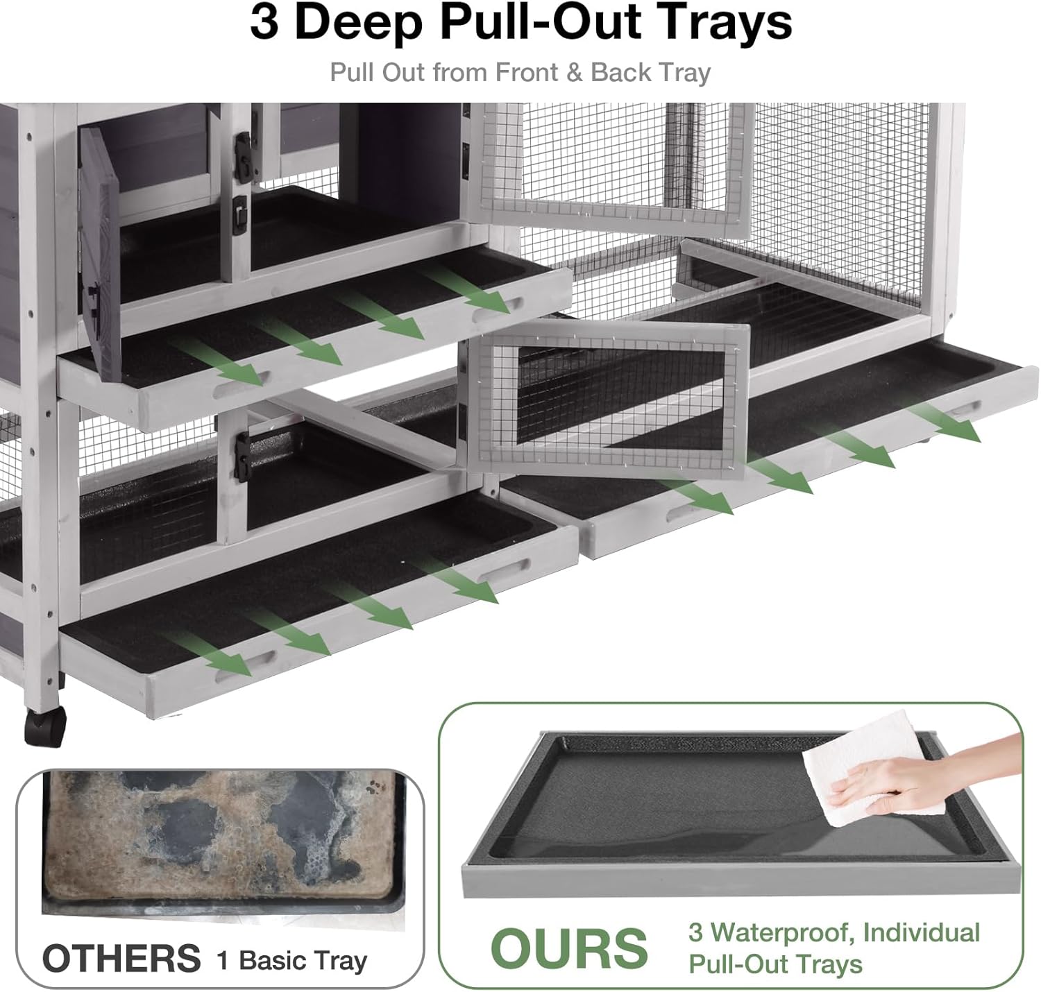 62″ 2-Story Large Rabbit Hutch, Indoor & Outdoor Bunny Cage with Chew-Proof Ramp, 3 Leakproof Pull-Out Trays, Waterproof Roof, 6 Lockable Wheels, for Rabbits & Guinea Pigs