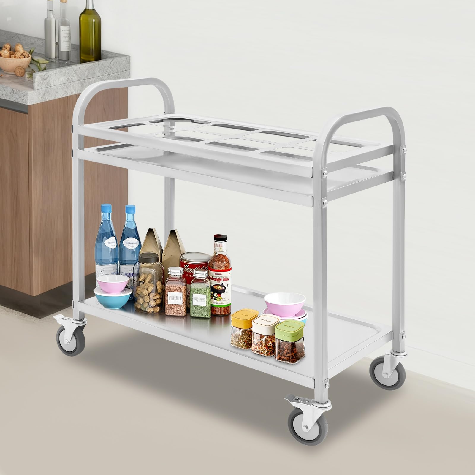 Carro de servicio de acero inoxidable 201, carro de servicio para especias, carrito de servicio con ruedas, para restaurantes, cocinas, restaurantes buffet, hoteles, 85 x 45 x 83,5 cm