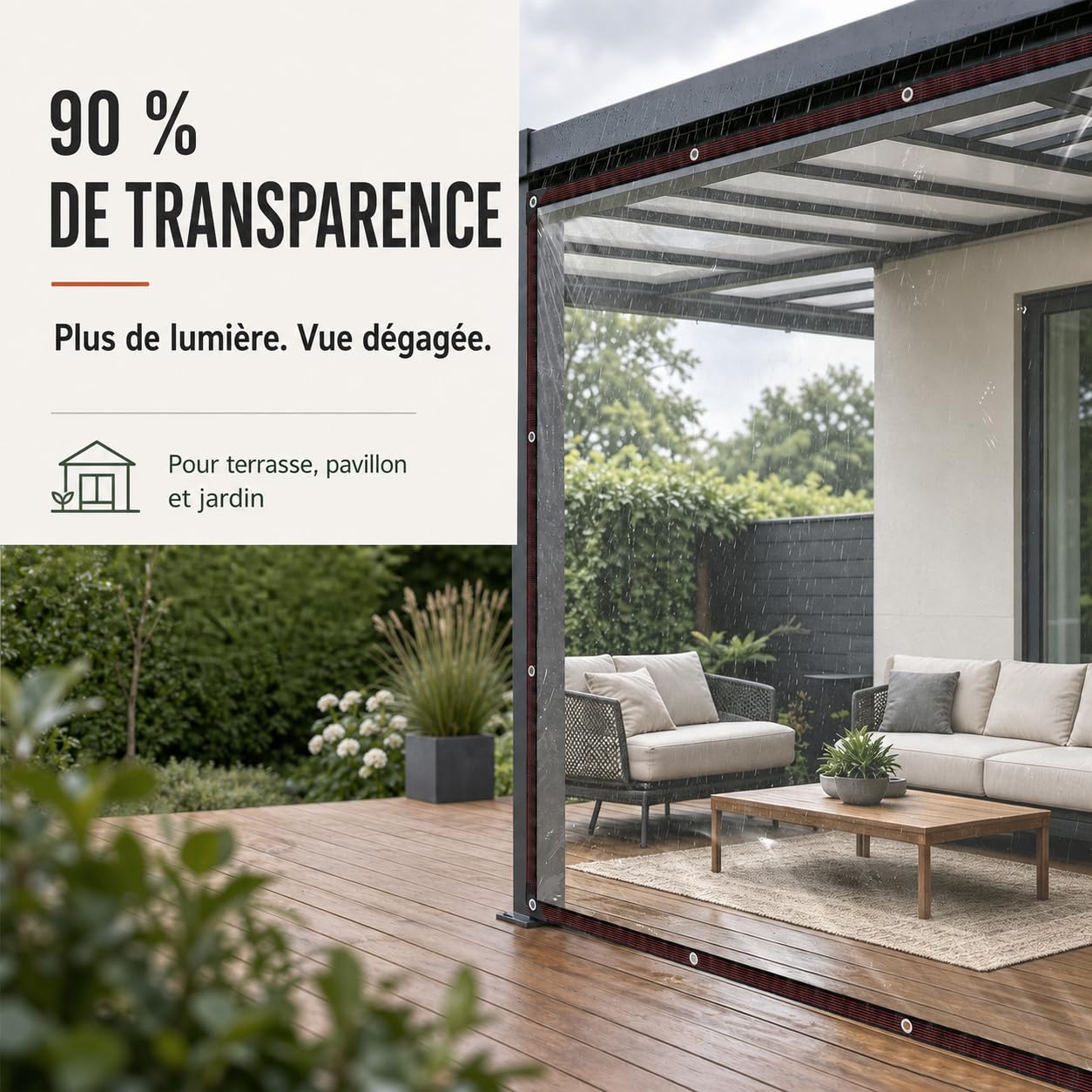 Bâche de Protection Extérieure Transparente avec Œillets 3x5m | 90 % transparente : la pluie reste dehors, tandis que terrasses, serres et mobilier restent lumineux et visibles.