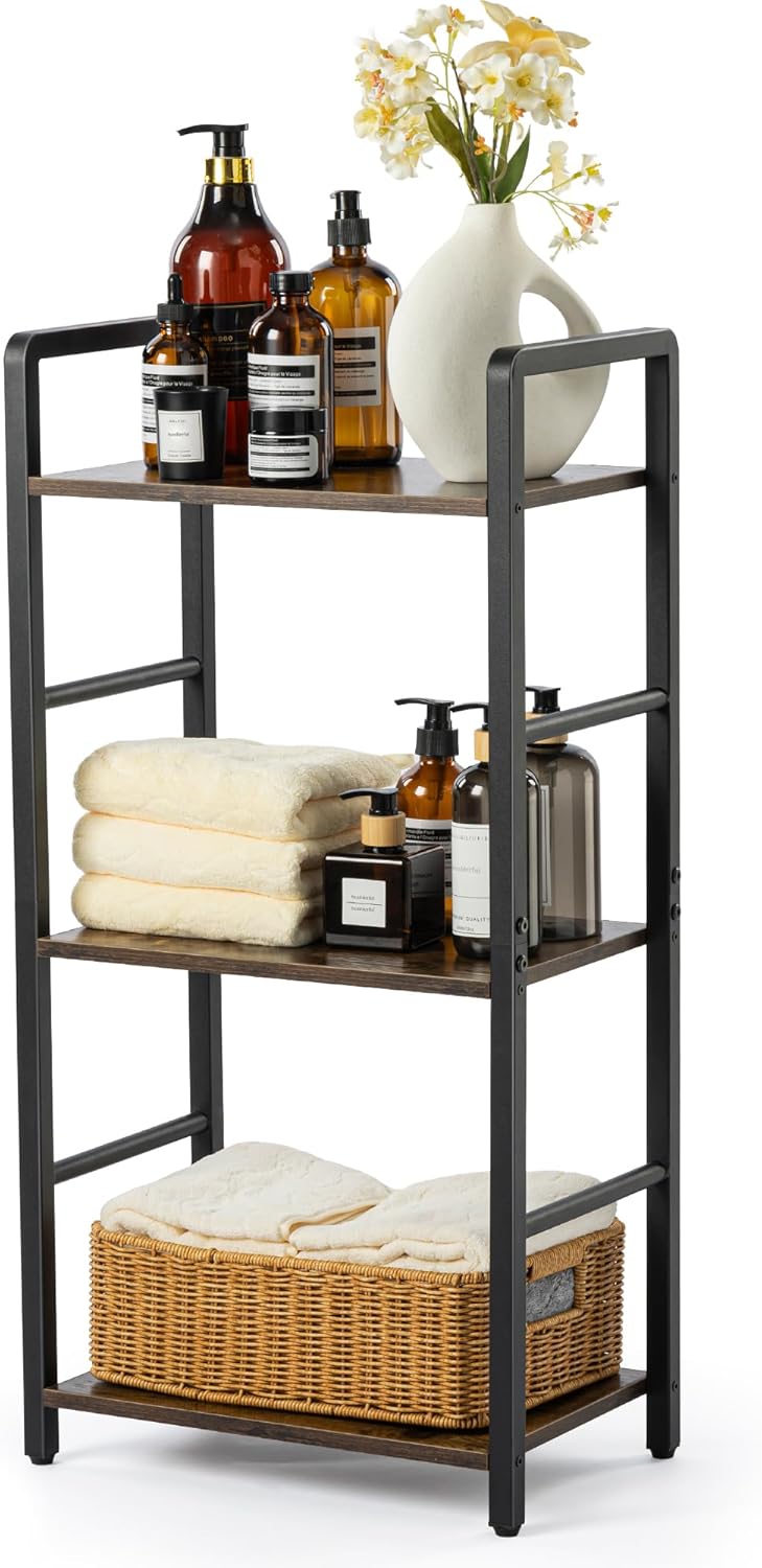 Aquzee 3-Tier Standing Shelf Bathroom, Small Bathroom Storage Shelves, Metal & Wood Narrow Shelving Unit(D9.8in), Multipurpose Freestanding Shelf Unit for Laundry Room Restroom & Toilet Organizer