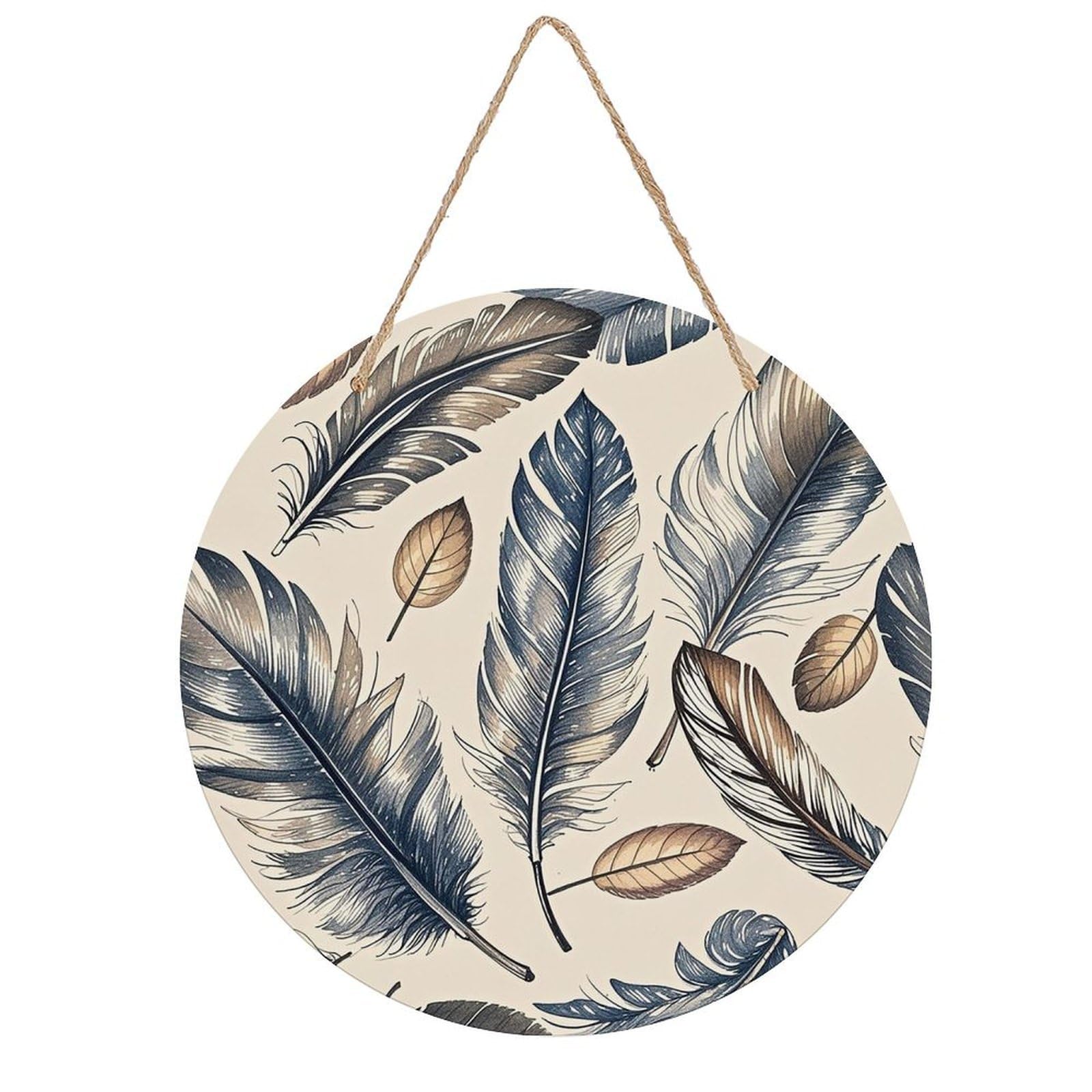 FekiLoot Hand Drawn Feathers Wall Art Decor Round Wood Hanging Sign Decoration Wooden Circle Door Sign Round Hanging Decorative Wood Plaque Door Hanger for Home Outdoor Indoor Decoration