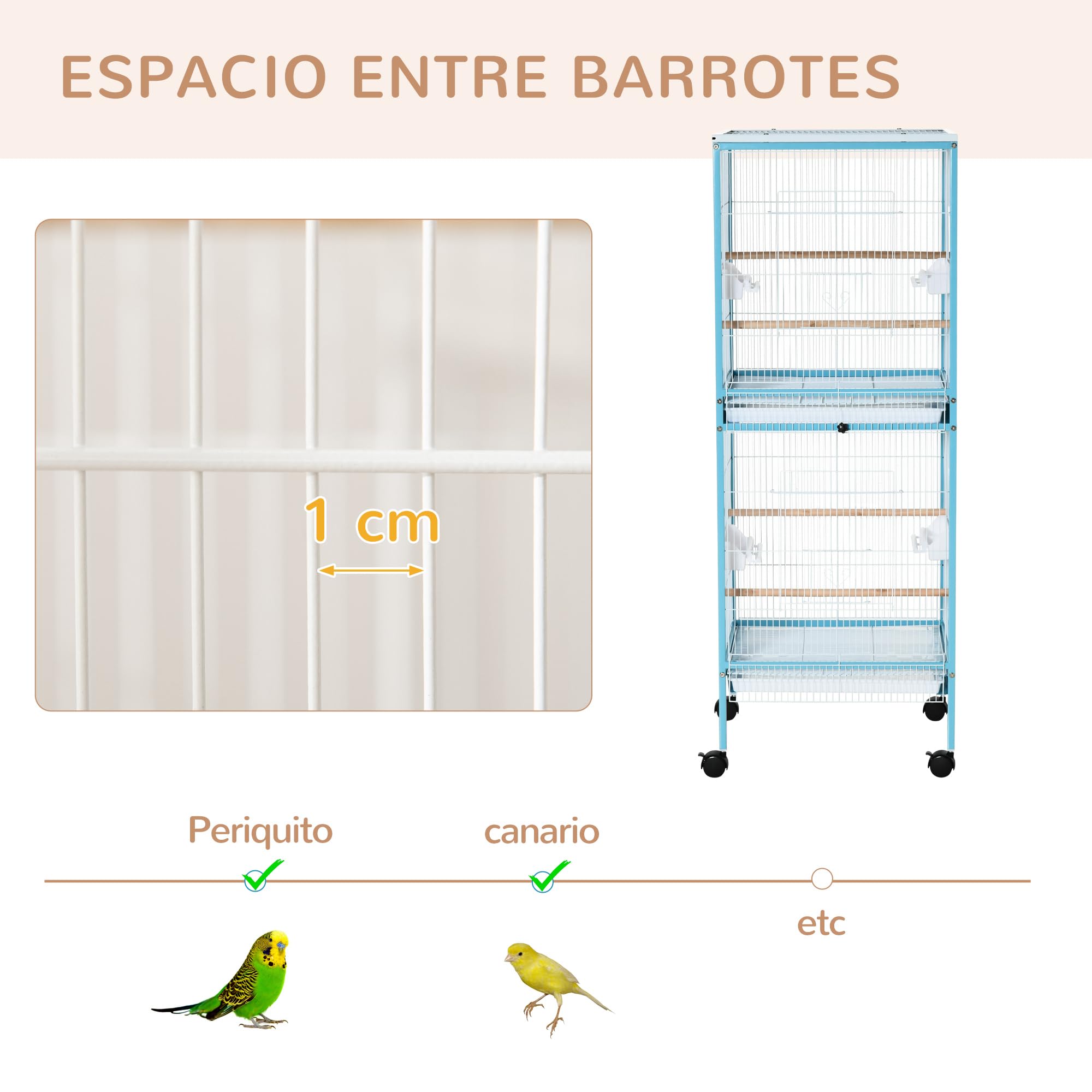 PawHut Jaula para Pájaros con Ruedas Jaula Grande de 2 Niveles Pajarera con Bandejas Extraíbles Puertas Comederos Perchas para Canarios Periquitos 51,5x50x140 cm Azul