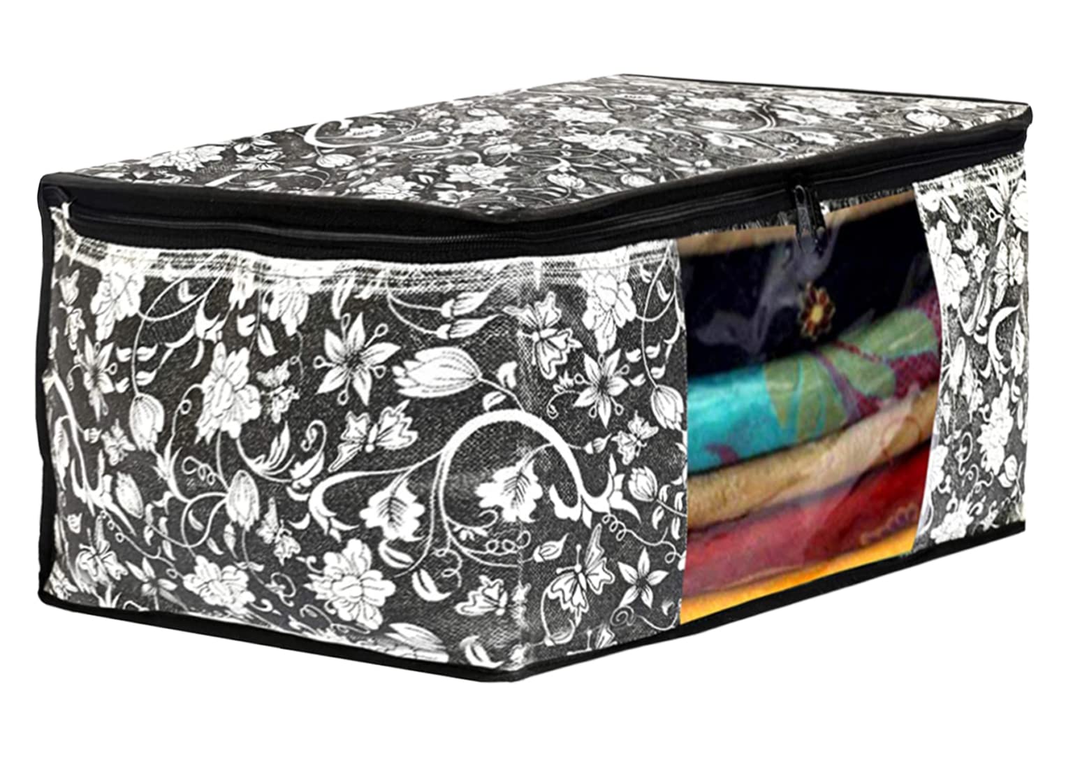 Kuber Industries Funda para ropa no tejida con diseño de flores, organizador con ventana transparente, paquete de 12 (gris y crema)-44KM0360
