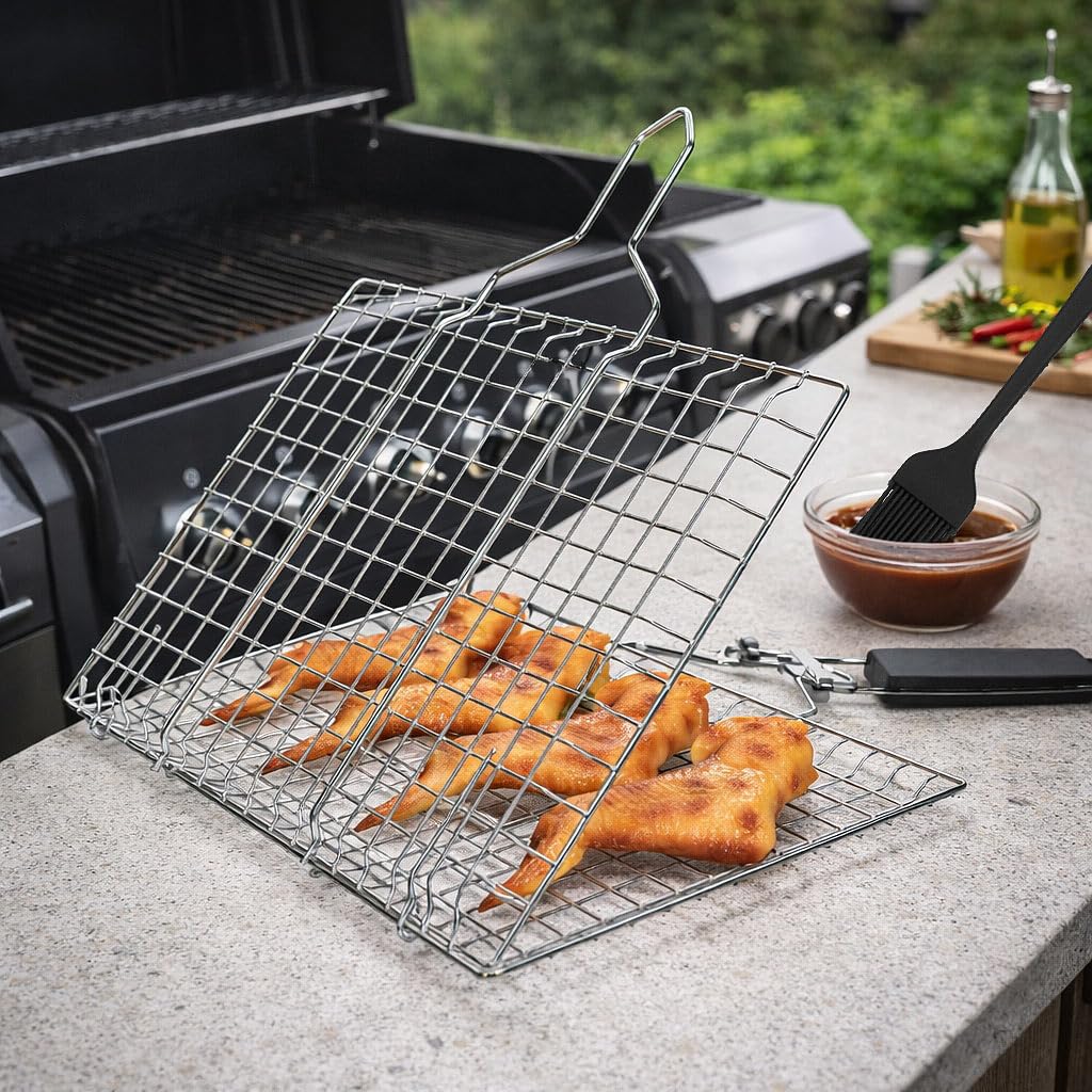 Rosenstein & Söhne Fischgrillzange: 2er-Set Faltbare Edelstahl-Fischbräter, Grillkorb für Fisch und Gemüse (Fischgrillgitter, Fischgriller, Picknick)
