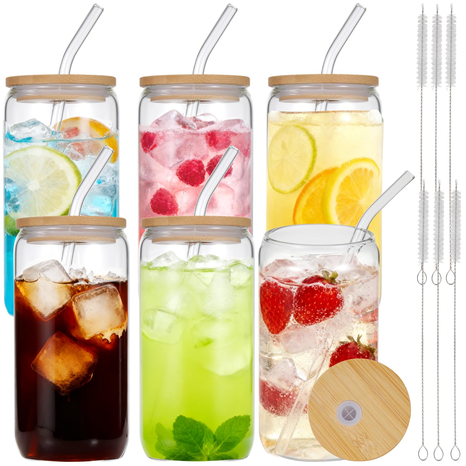 Sibosen Glass Cups with Lids and Straws,Drinking Glasses 6Pcs Set Iced Coffee Cup,16Oz/500ml,Smoothie Cup,Beer Glasses,Clear Tumbler Cup for Cocktail, Coke, Soda