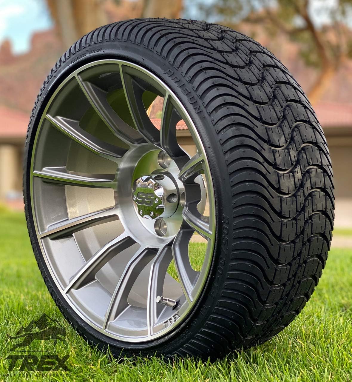 14" TITAN GUNMETAL/MACHINED ALUMINUM WHEELS AND 205/30-14 LOW PROFILE DOT TIRES COMBO - SET OF 4 (Standard Lugs (EZ-GO, Club Car))