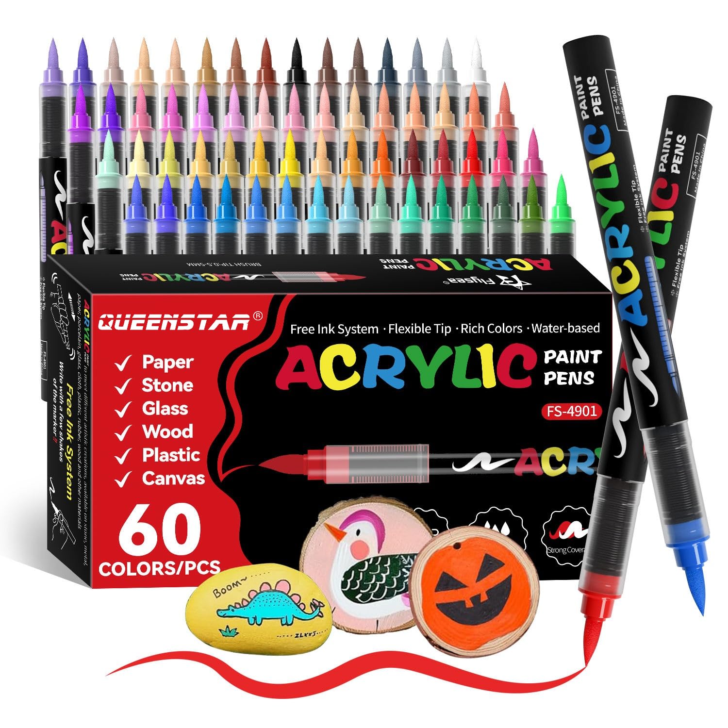 Acrylic Paint Markers Brush Tip, Vivid Colors with Direct-Liquid Ink System, Professional-Grade Paint Pen for Rock Painting, Canvas, Glass, Plastic, Fabric & Creative Crafts (60 Pieces)