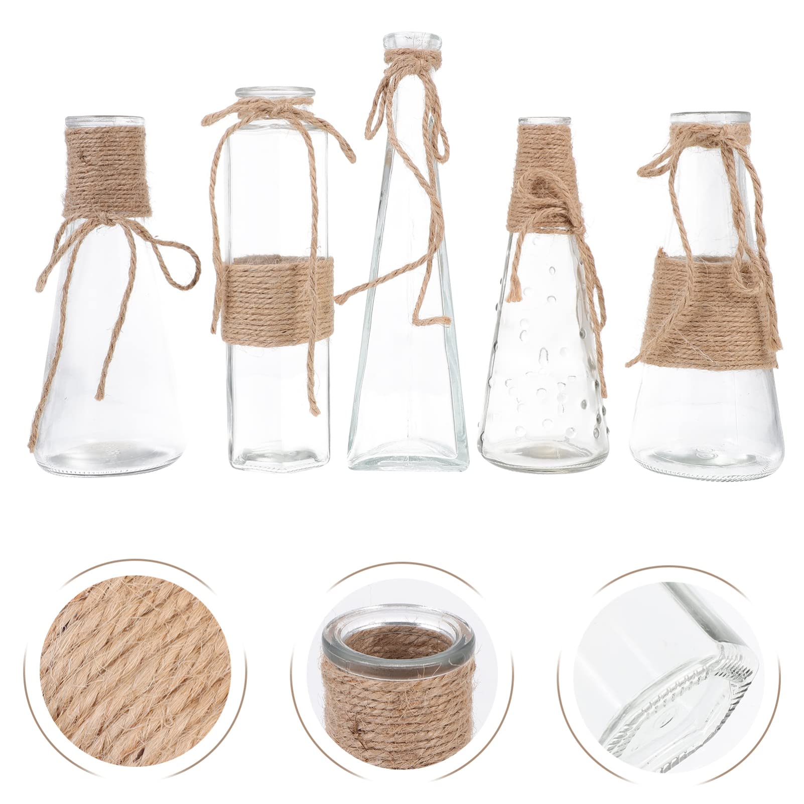 5 Stück Transparente Glasvasen mit Juteseil, Flacher Boden