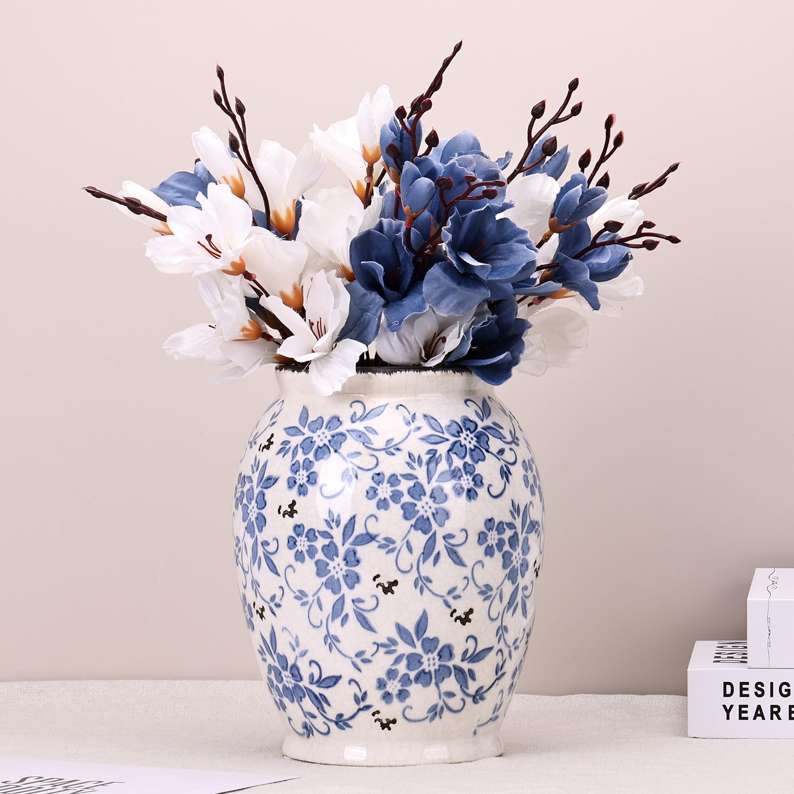 orenm Vase Keramik Blau Weiß – Deko Vase Vintage, Porzellan Große Vase für Wohnzimmer Tischdeko,Esstisch & Fensterbank 23.5cm Höhe