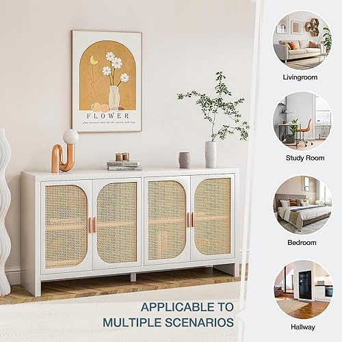 Miniatura 3 de Aparador de ratán con almacenamiento de cocina, armario de almacenamiento, mesa de consola de buffet con puertas y estante ajustable para comedor,