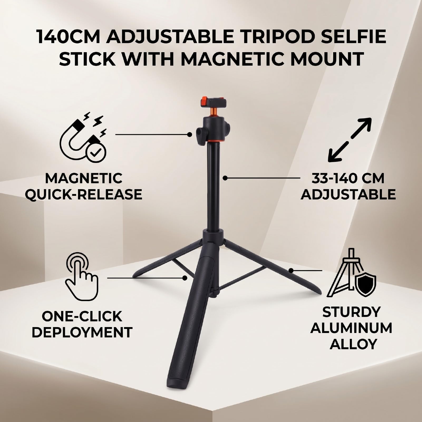 Jectse Asta Selfie Treppiede da 140 Cm, Chiusura Magnetica Bidirezionale per Fotocamera Action 5PRO/4/3, Asta di Prolunga Regolabile con Testa a Sfera a 360 Gradi