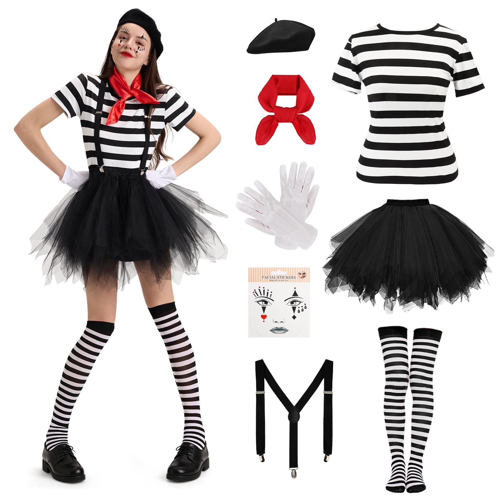 Disfraz Mimo Mujer, 10 Piezas Vestido Circo Mujer con Top a Rayas, Tutú, Boina, Bufanda, Guantes, Calcetines y Tirantes, Disfraz Arlequin para Carnaval Halloween (L)