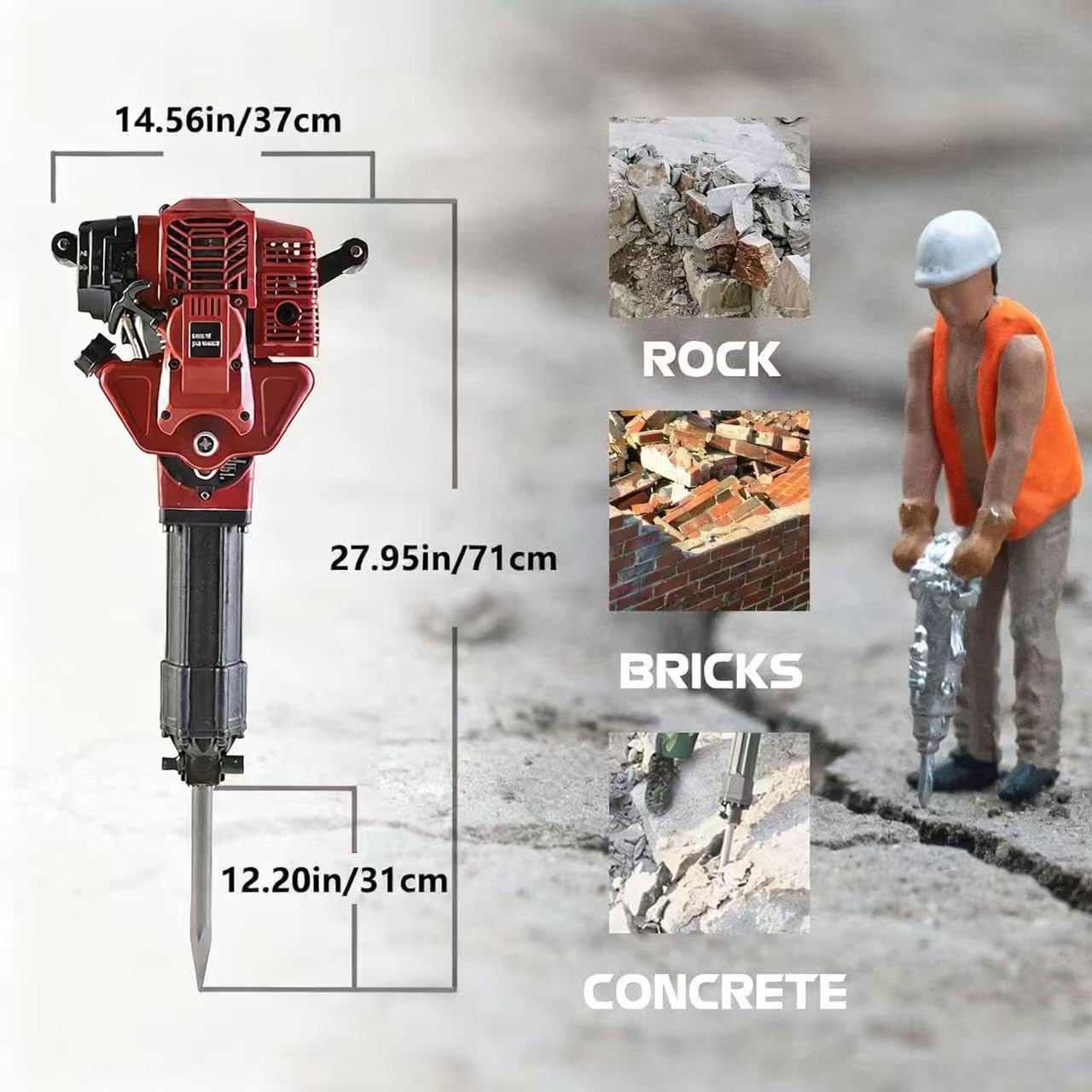 Benzynowy młot wyburzeniowy 1700 W, 2-suwowy młotek gazowy do bloków betonowych, cegieł, murów, konserwacji dróg i łamania skał