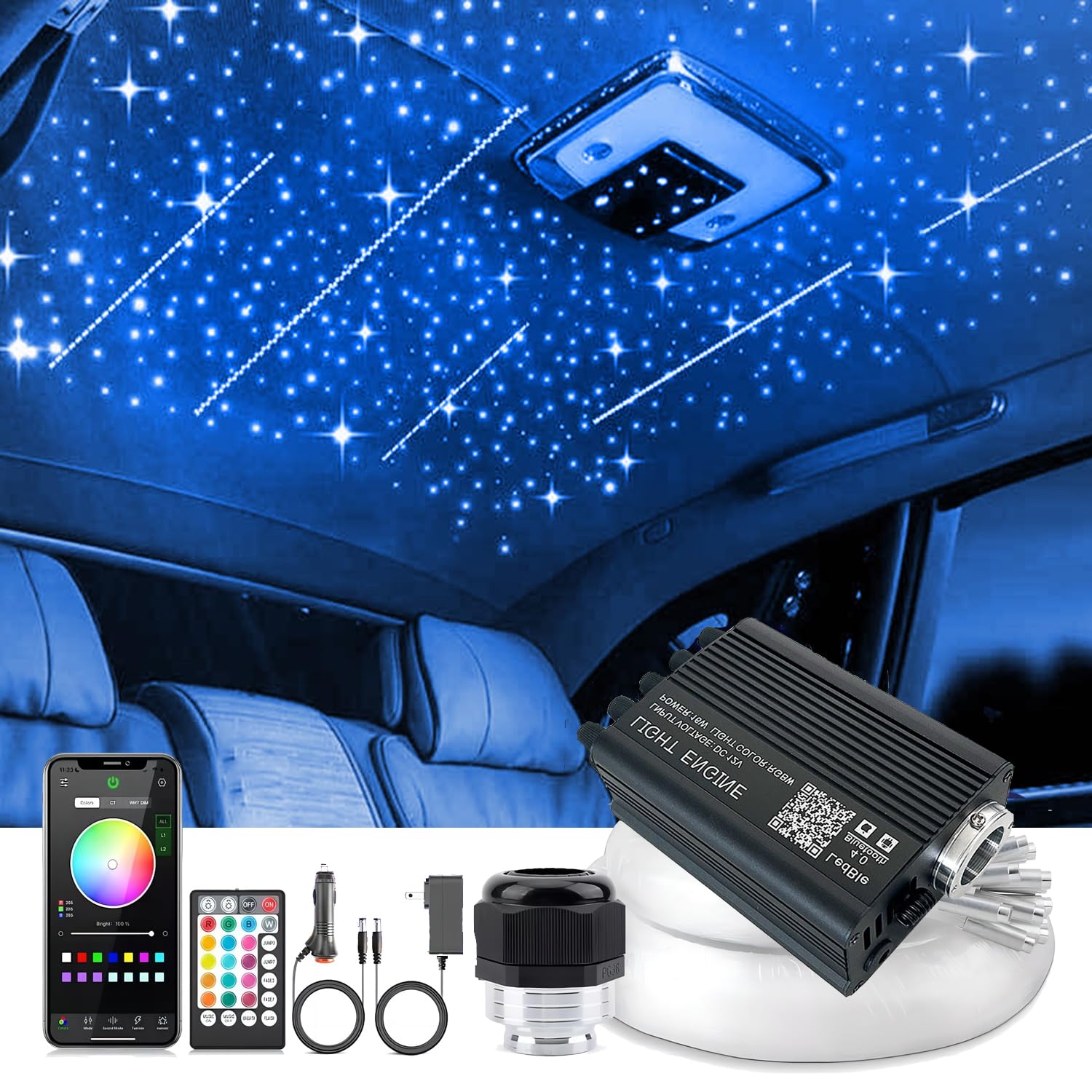 Kit éclairage Fibre Optique VASTFIRE 16W - 500 Fibres 0.75mm, Bluetooth, Pour Voiture Ou Chambre