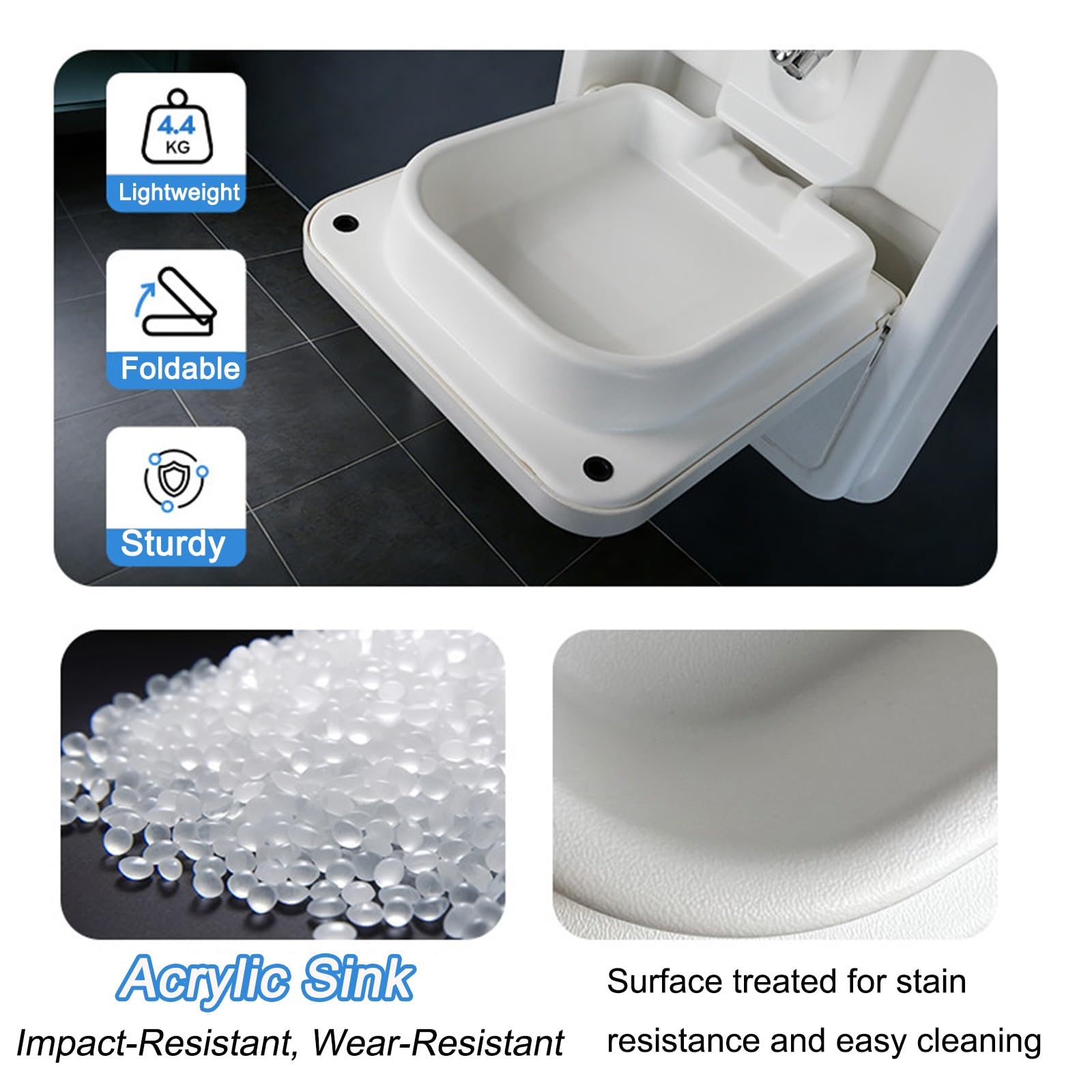 Fregadero Camper de Acrílico, Lavabo Caravana Plegable con Grifo de Agua Fría y Caliente, Diseño de Drenaje Rápido, Lavamanos para Baño y Cocina de Caravanas