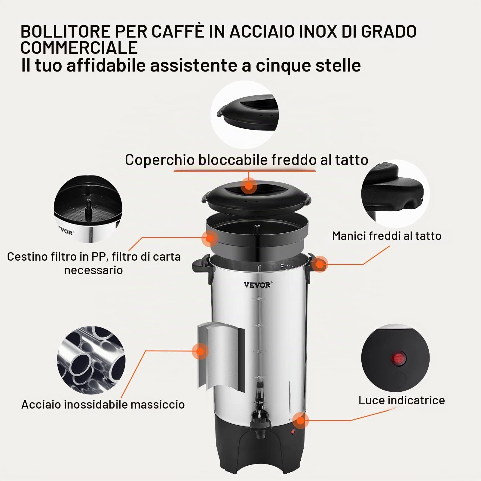 VEVOR Dispenser per Caffè Bevande Calde in Acciaio Inossidabile 1000W per Hotel Bar Buffet Cavo Staccabile, Bollitore Distributore per Caffè Tè Bevande Calde Elettrico Commerciale in Acciaio Inox