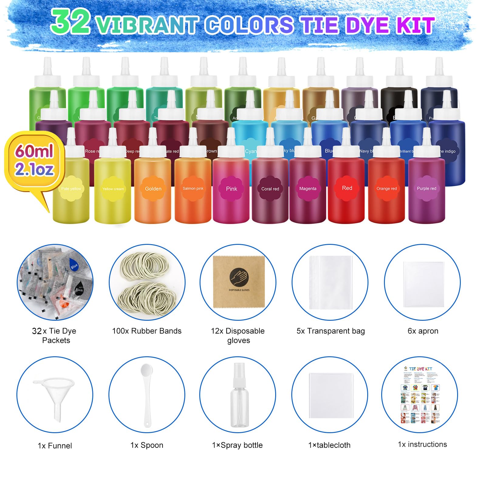Tie Dye Kit 32 Color All-in-one Clothing Dye Kit, Permanent Fabric Dye Kit for Kids, Adults, Large Group Handmade Party Activity, DIY Bright Neon Tye Dye Kit - Image 2