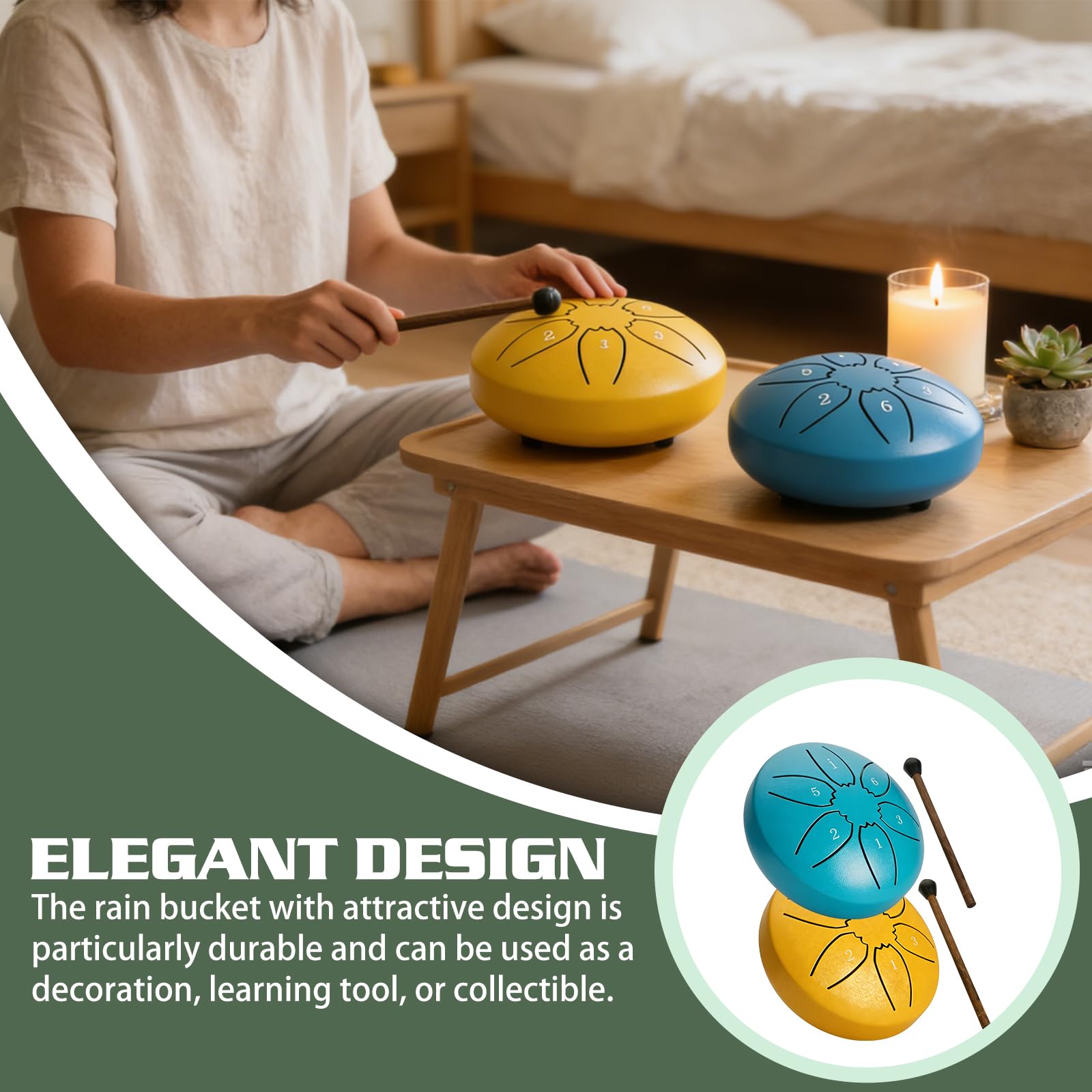 2er Set Regentrommel: 3 Zoll 6 Töne C-Key Zungentrommel Steel Tongue Drum mit Stofftasche, Musikbuch und Schlägel, Handpan Drum Percussion Instrument für Musikunterricht oder Geschenk (grün und Gold)