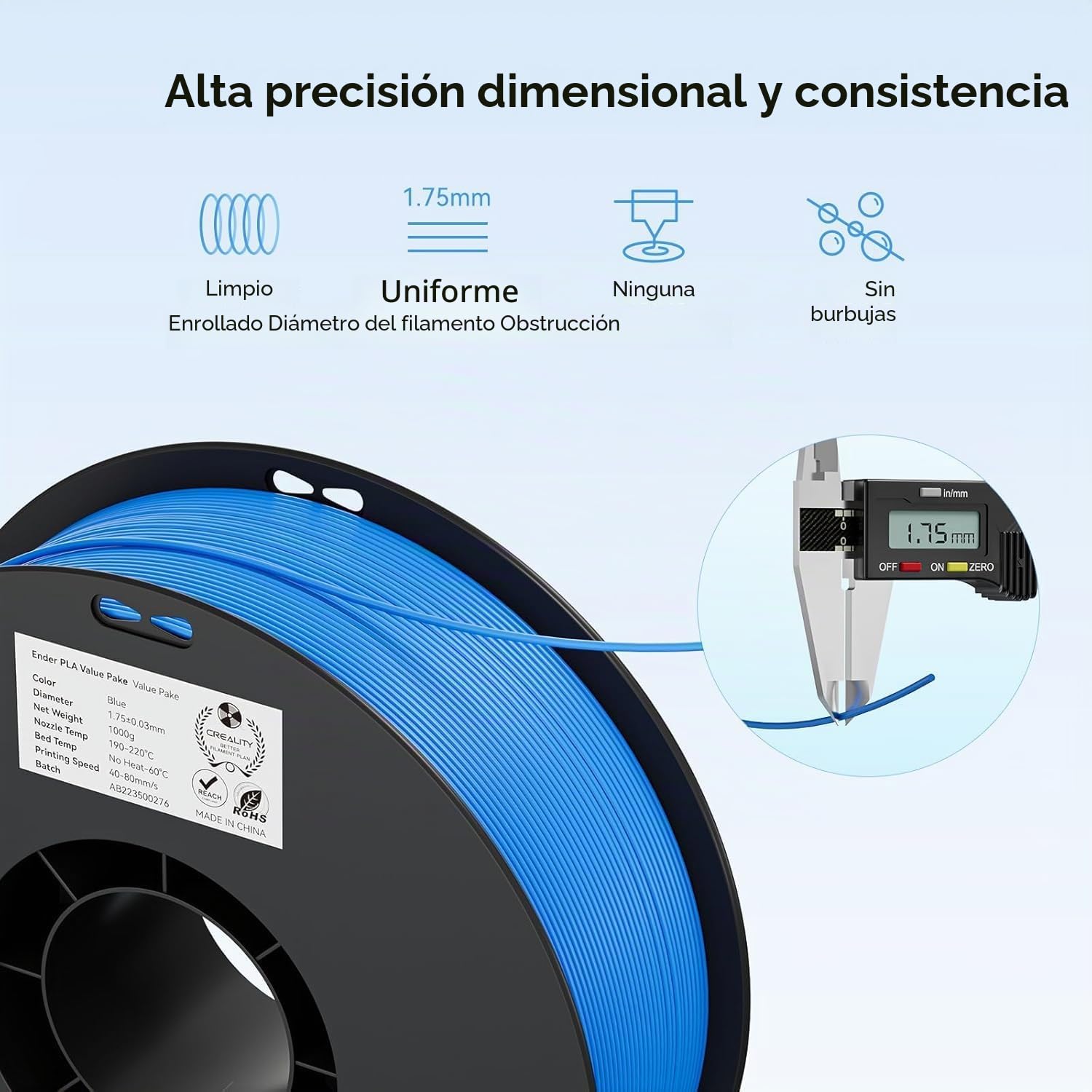 Creality Ender Filamento PLA de 1,75 mm, 4 unidades, negro, blanco, gris, rojo, sin enredos, fuerte adherencia, precisión ± 0,02 mm