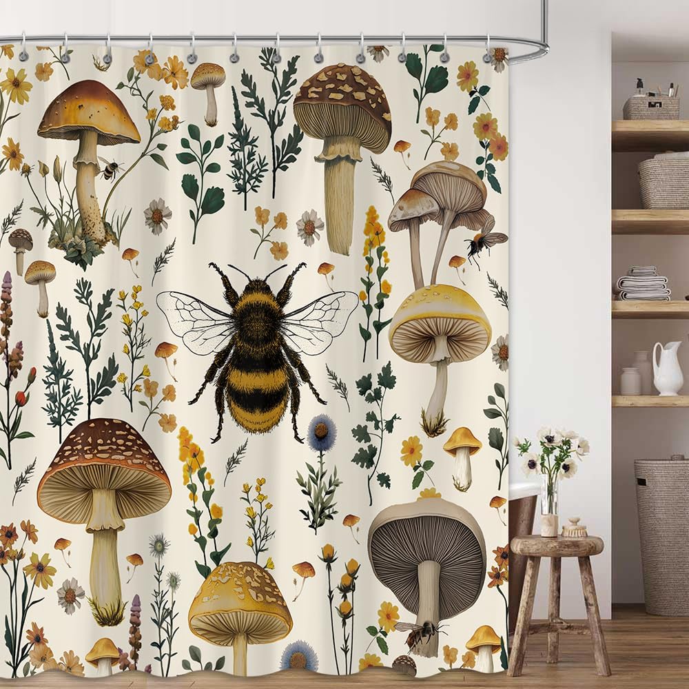 Fairy Rustic Forest Shower Curtain, Boho Cute Funny Gothic Vintage Mushrooms Woodland Wild Animals Butterfly Bathroom Decor，Waterproof Fabric Shower Curtain Set with Hooks 72X84Inch